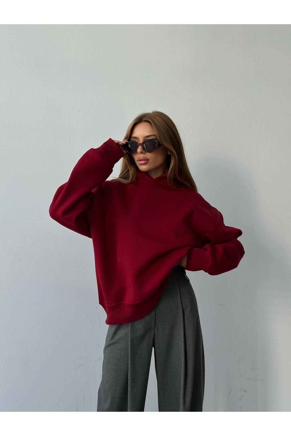 Kapüşonlu Sweatshırt Bordo