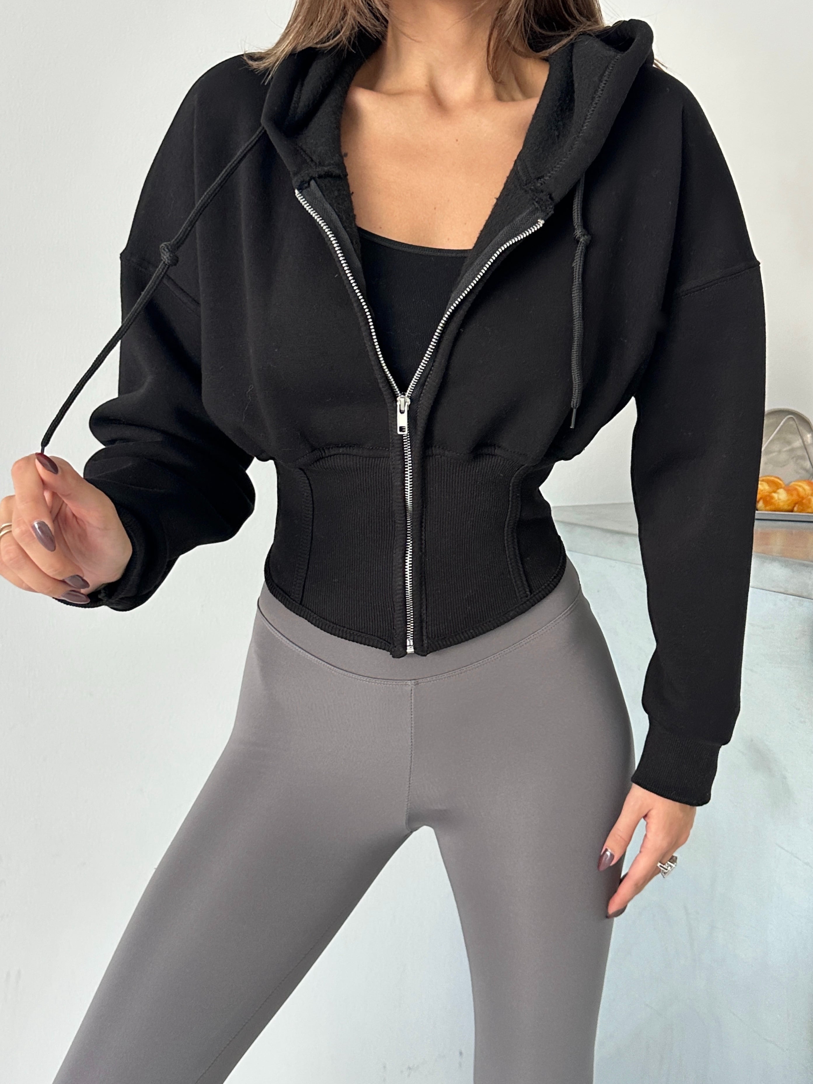 Korse Manşet Fermuarlı Sweat Hırka - Siyah