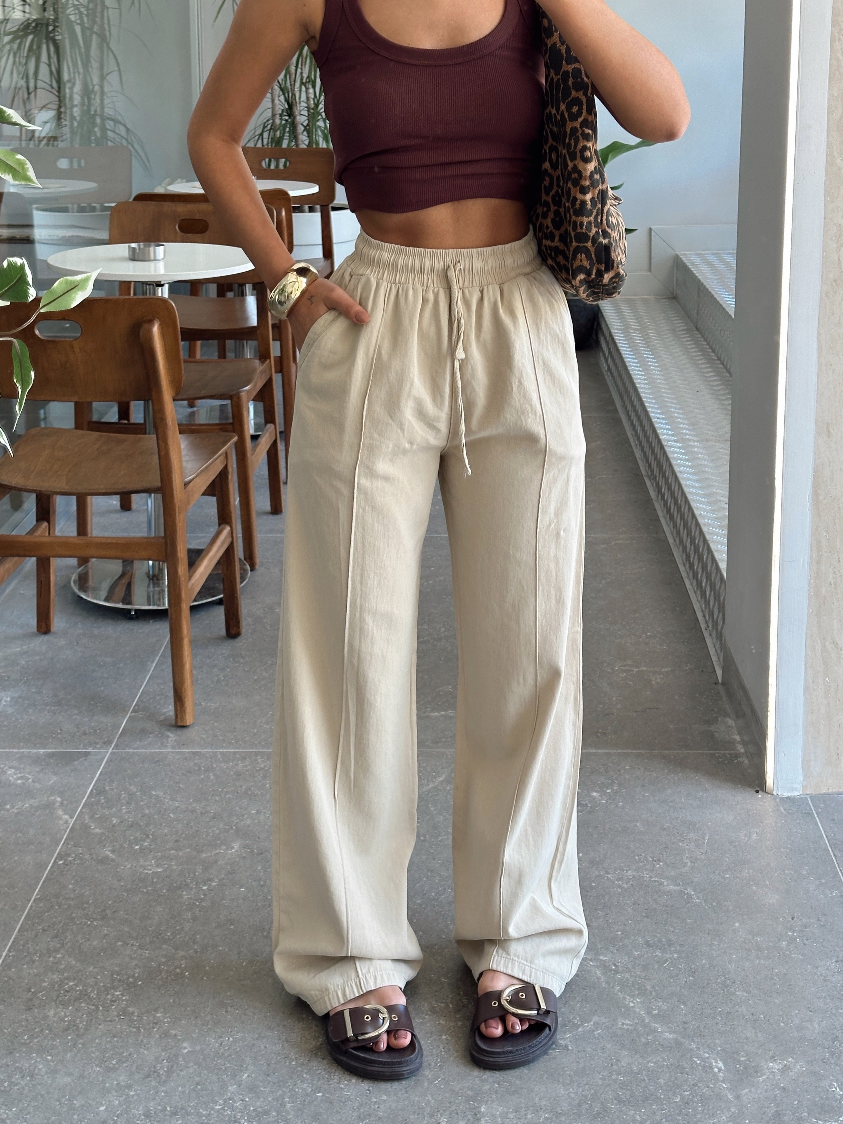 Bağcıklı Gabardin Pantolon - Bej