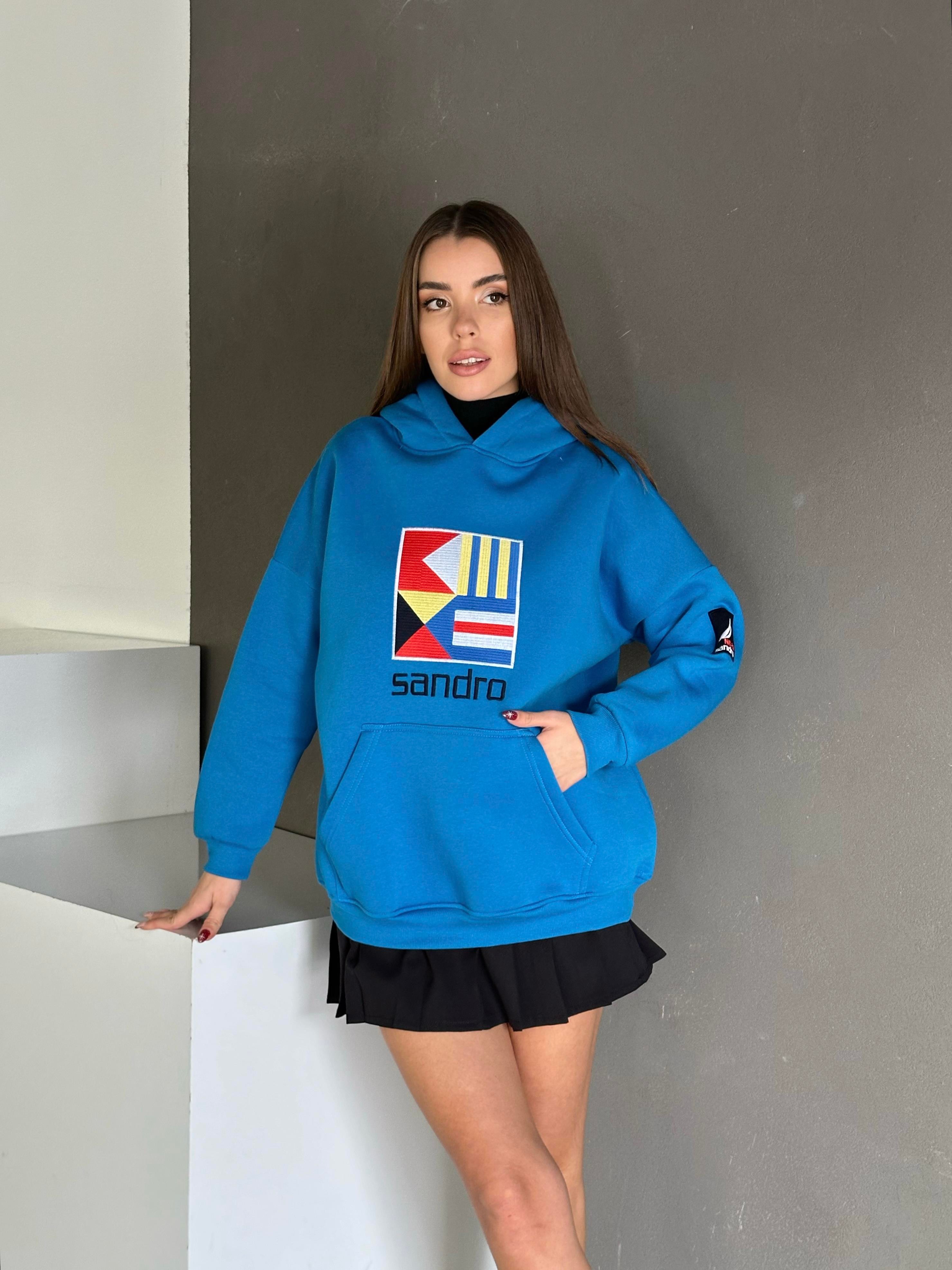 Sandro Kabartma İşleme Oversize 3 İplik Sweatshirt Mavi