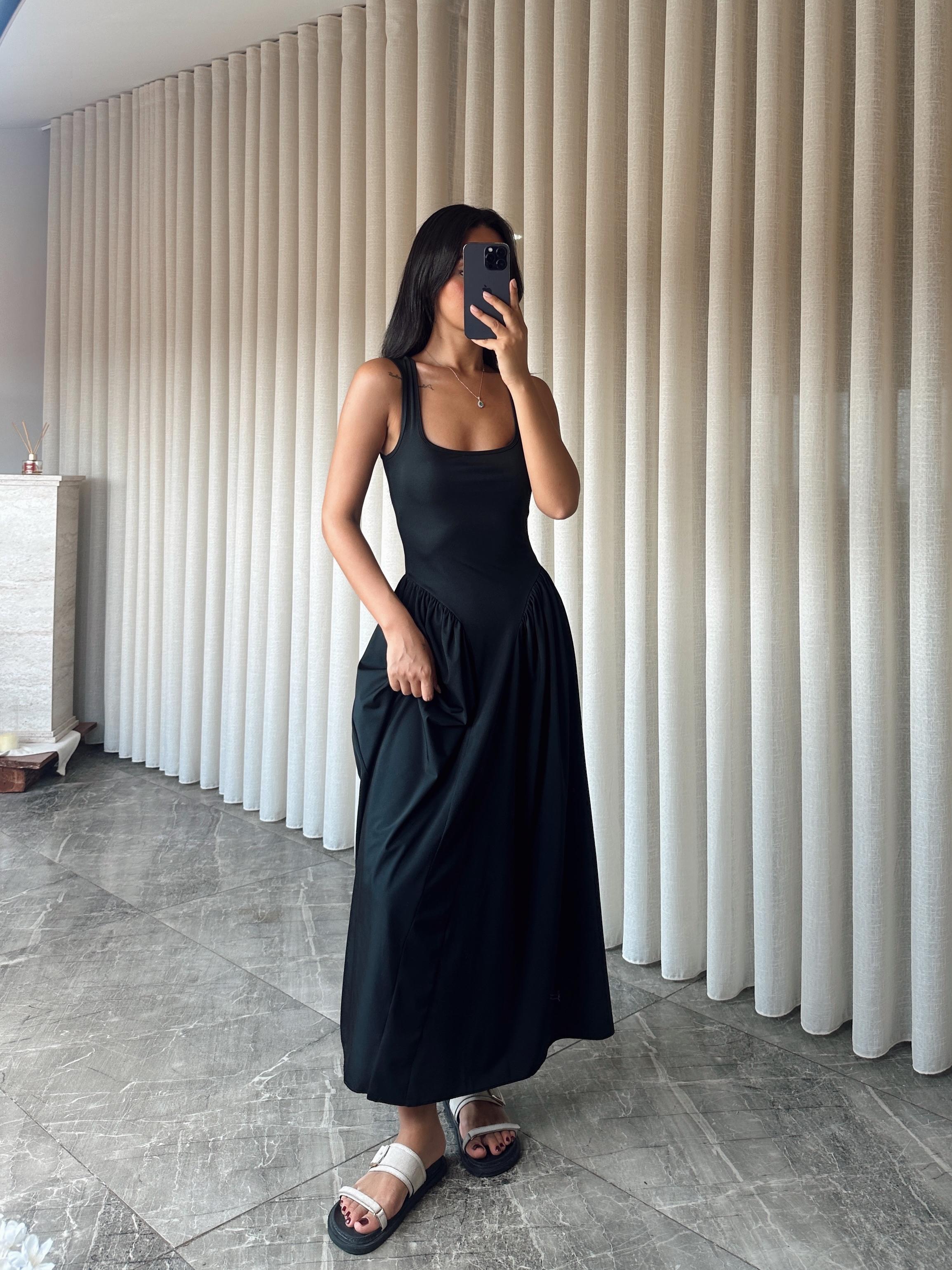 Korse Detaylı Midi Elbise - Black