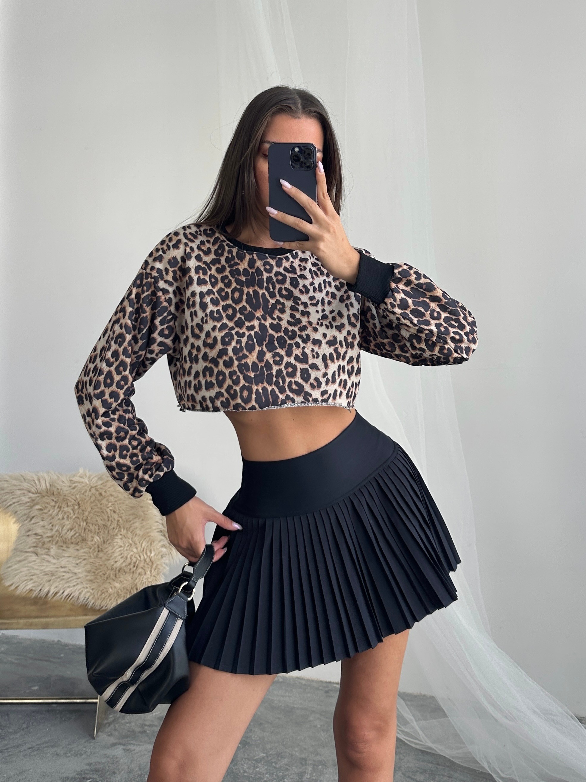 Dikişsiz Crop Sweat - Leopar