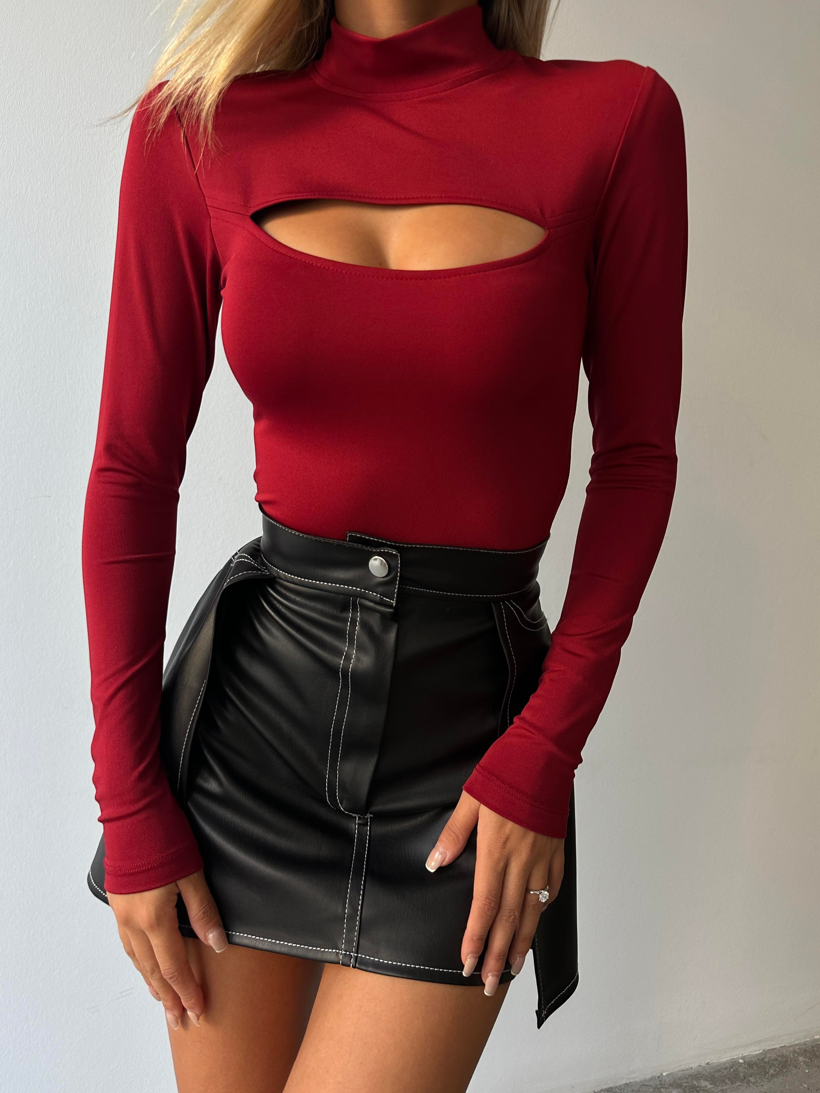 Göğüs Dekolte Bodysuit Bordo