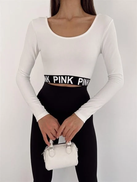 Geniş Yaka Fitilli Crop Bluz Beyaz