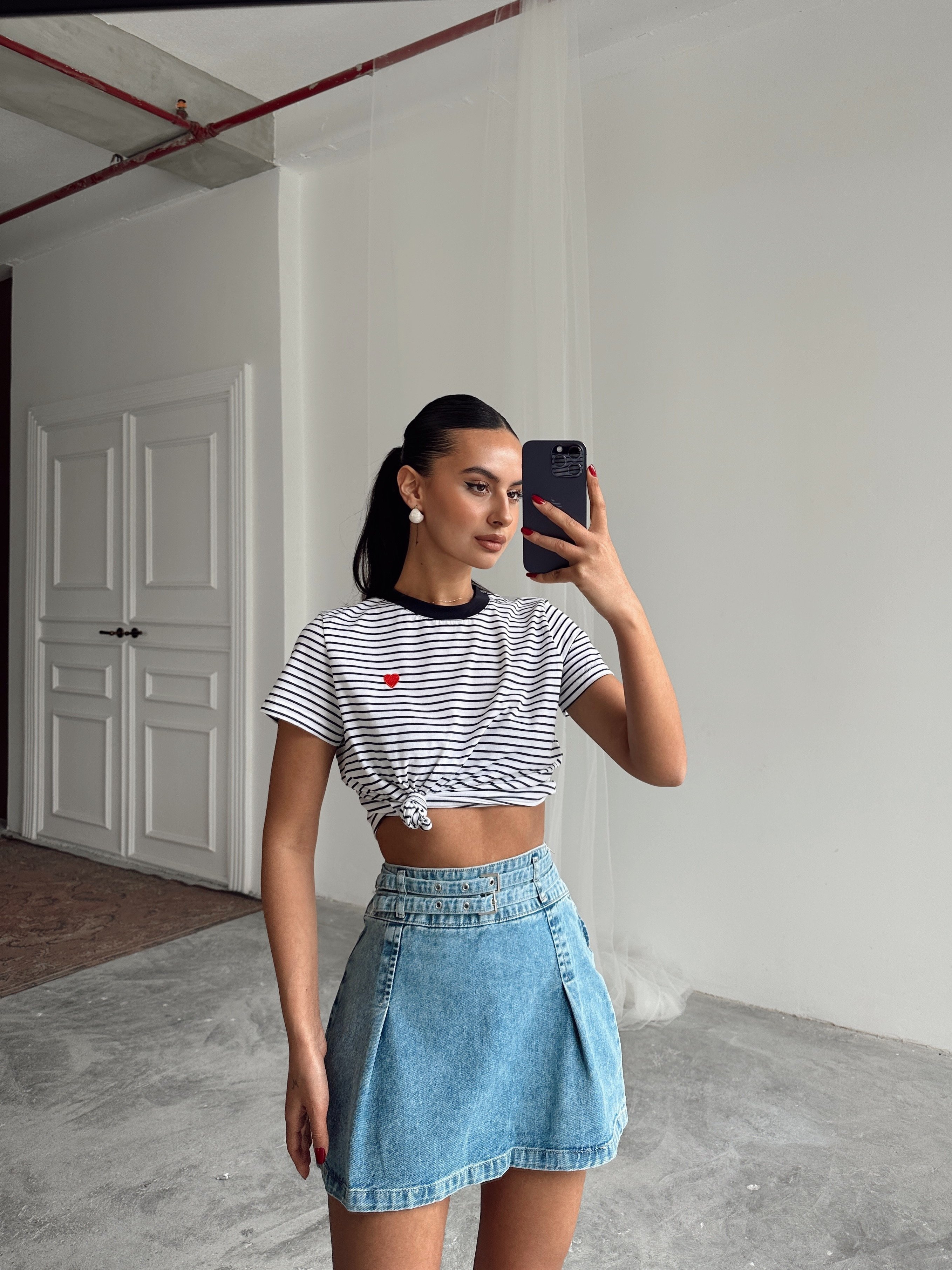 Pileli Denim Etek Mavi