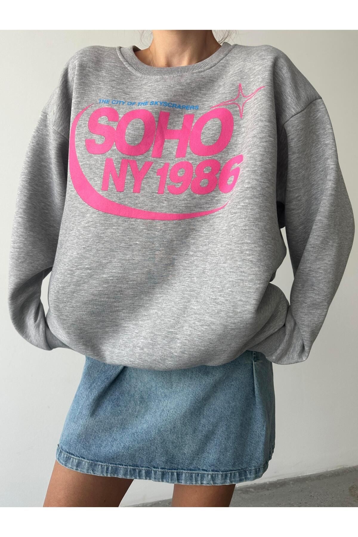 Soho Baskı Bisiklet Yaka Sweat Gri