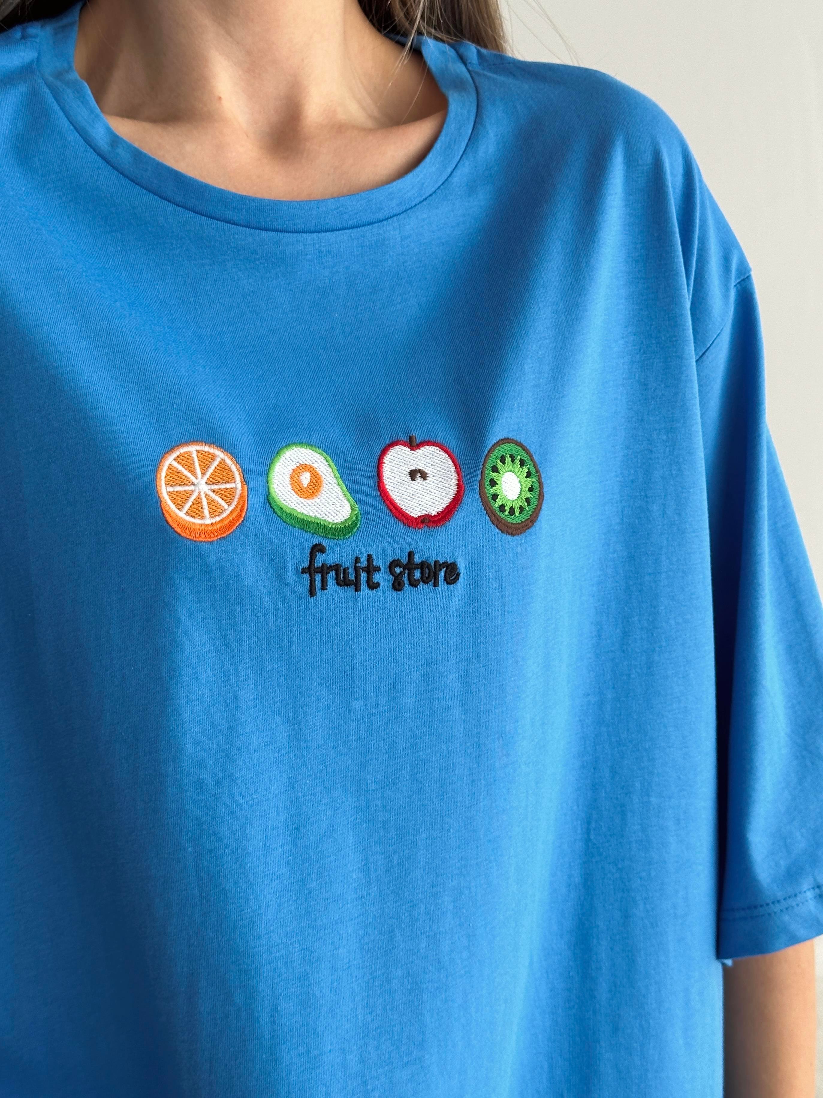 Fruit Nakış Basic T-shirt Mavi