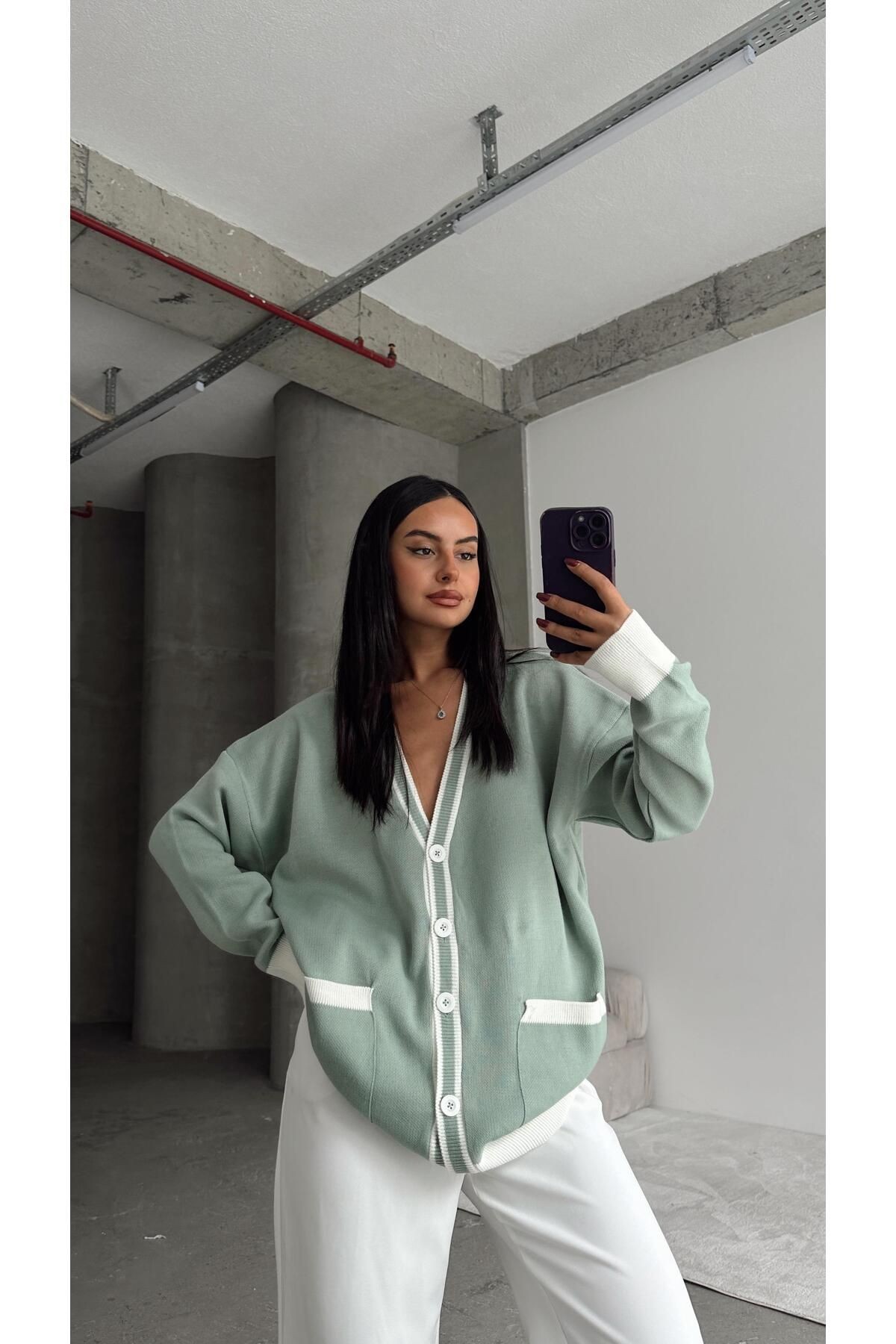 Cepli Oversize Triko Hırka Mint