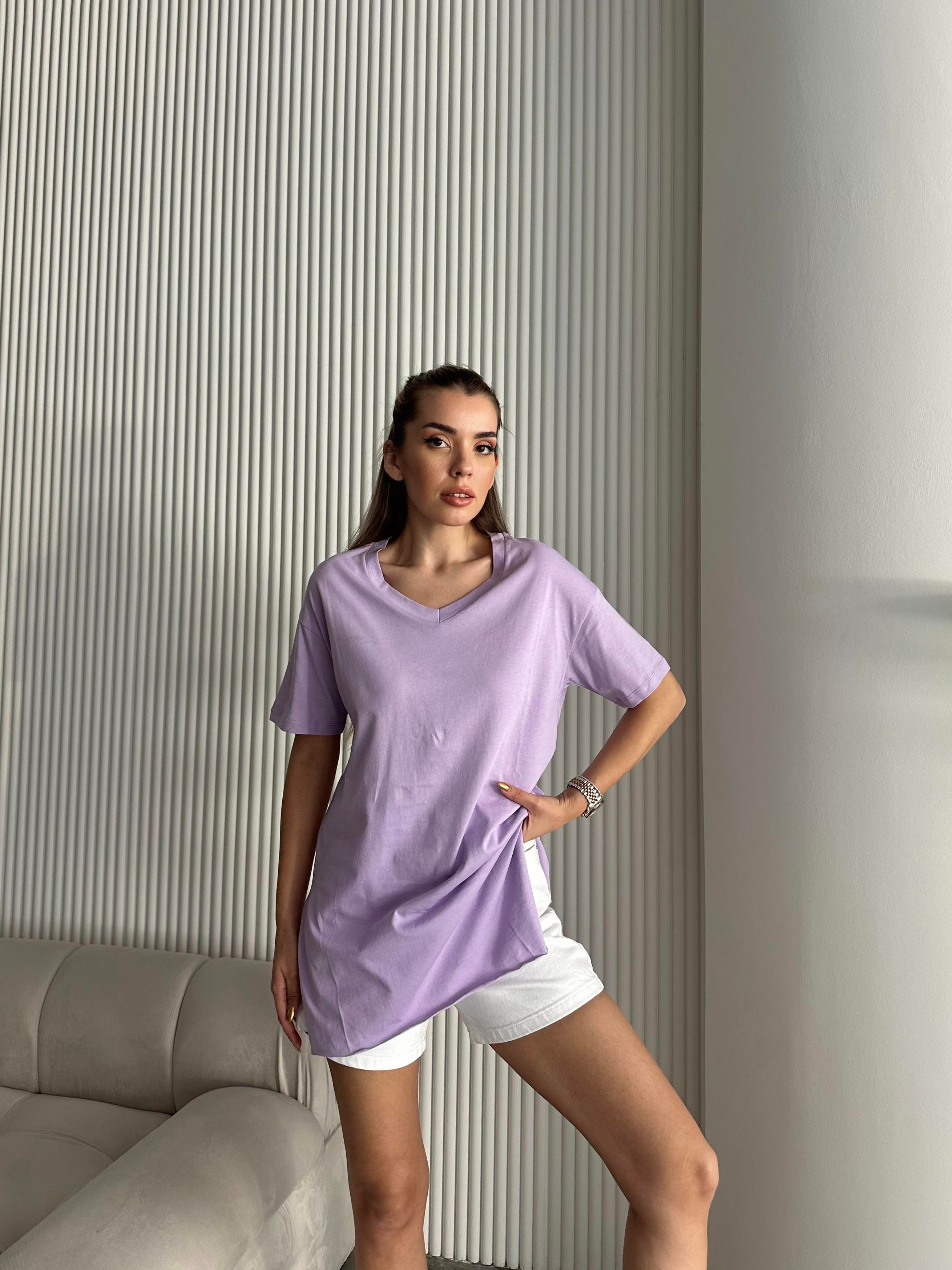 V Yaka Yan Yırtmaç Oversize Basic Lila