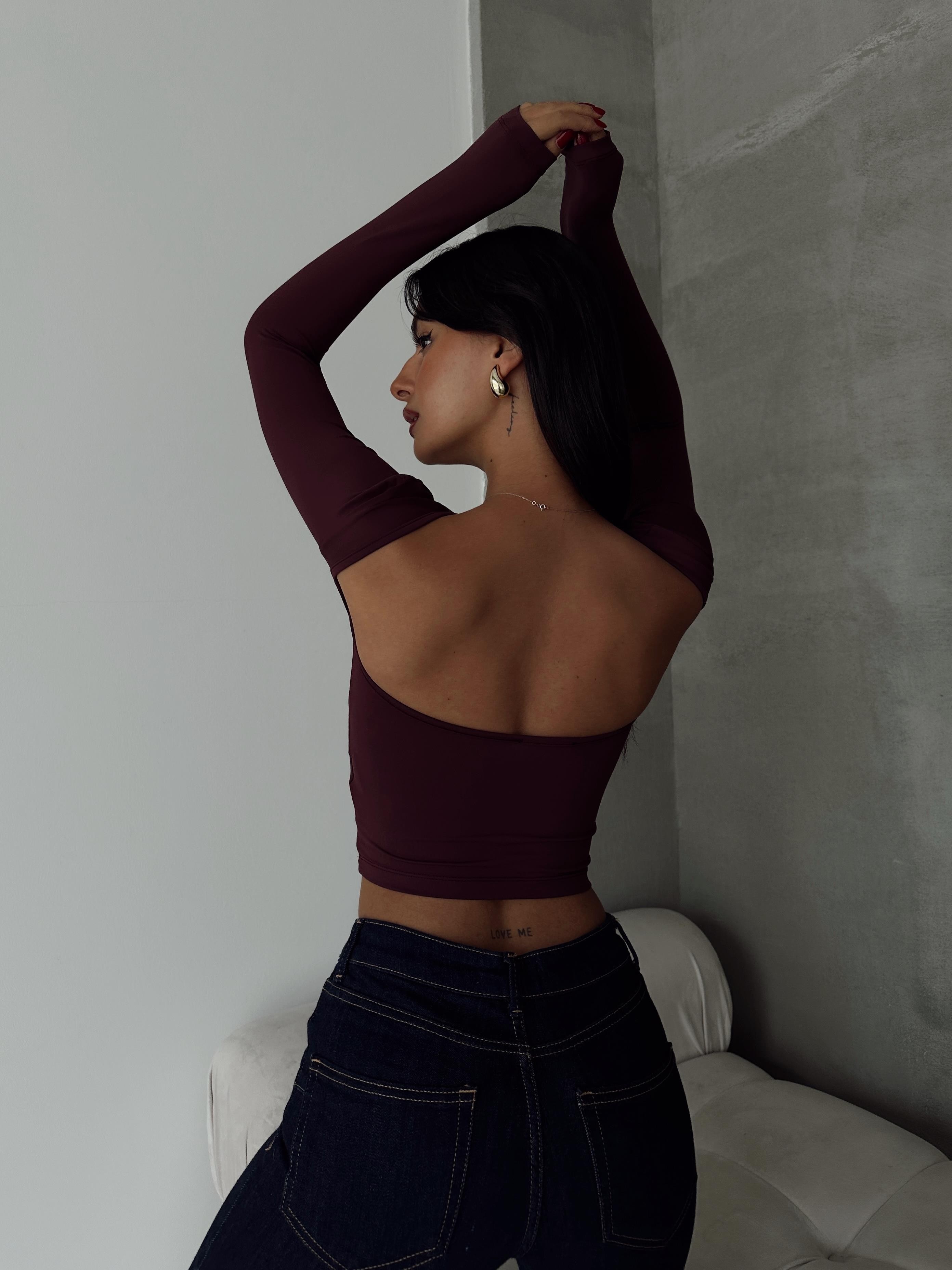 Sırt Dekolte Scuba Bluz Bordo