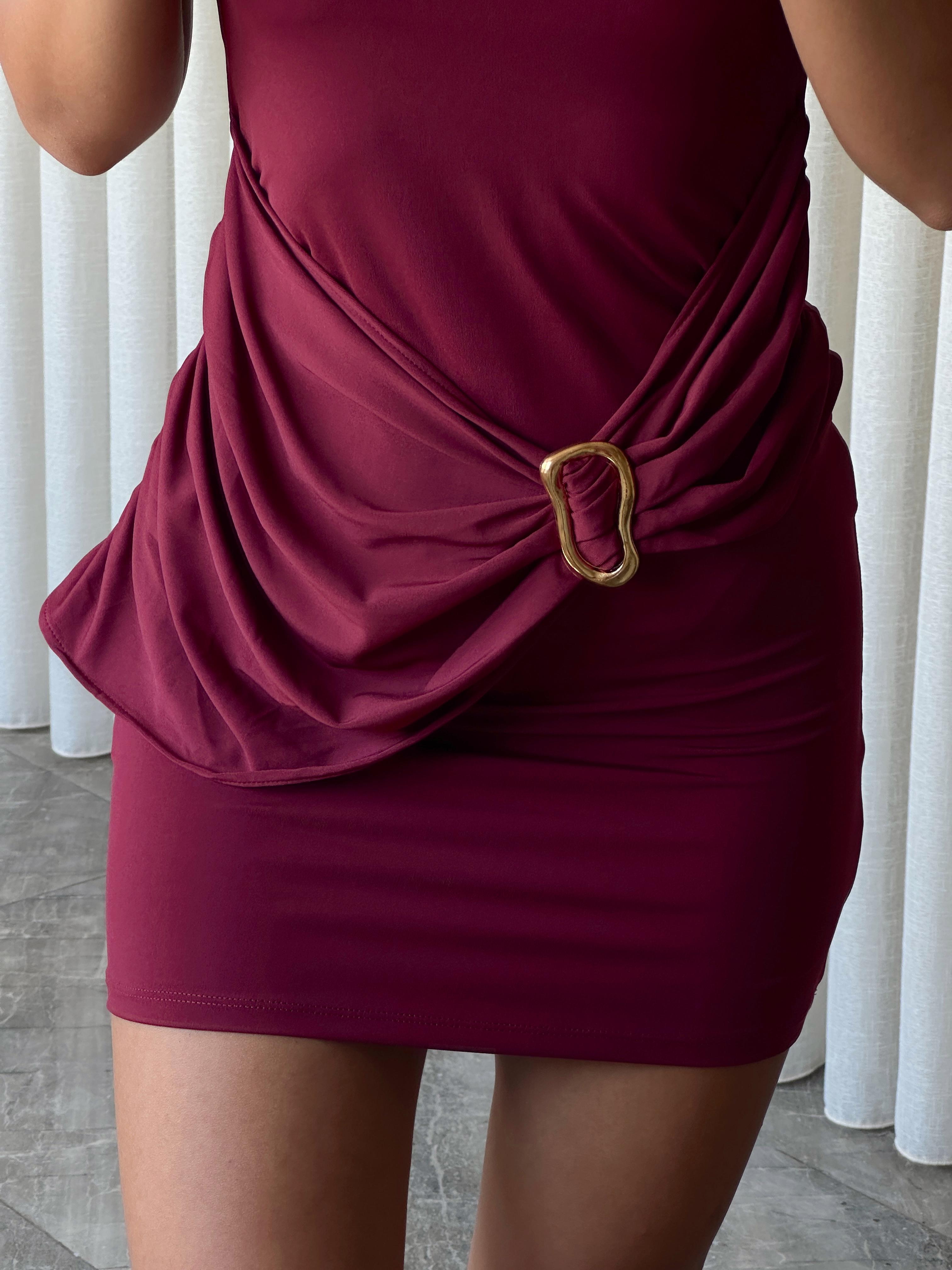 Beli Tokalı Mini Elbise - Bordo