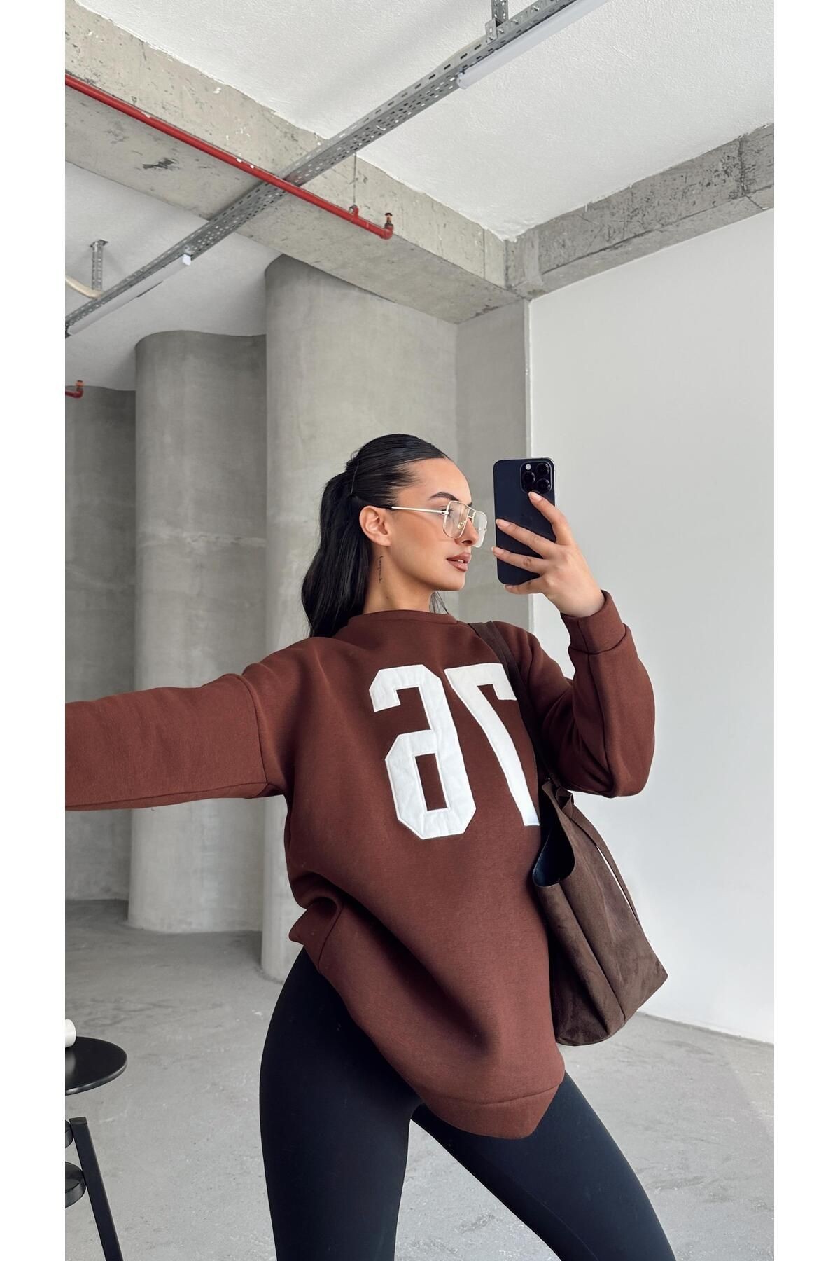 Seventy Six Baskı Sweat Kahverengi