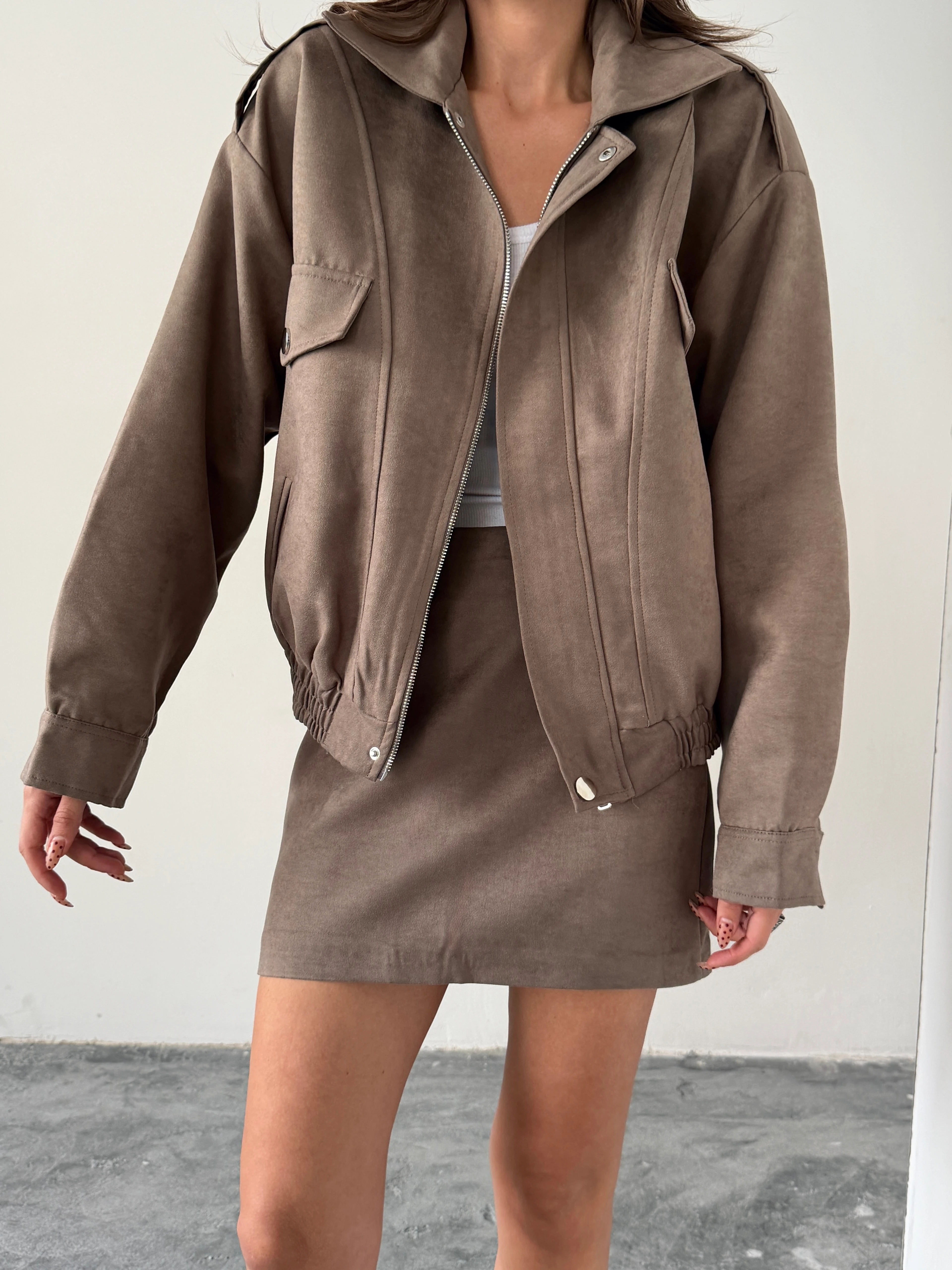 Süet Etek Ceket Takım  - Vizon