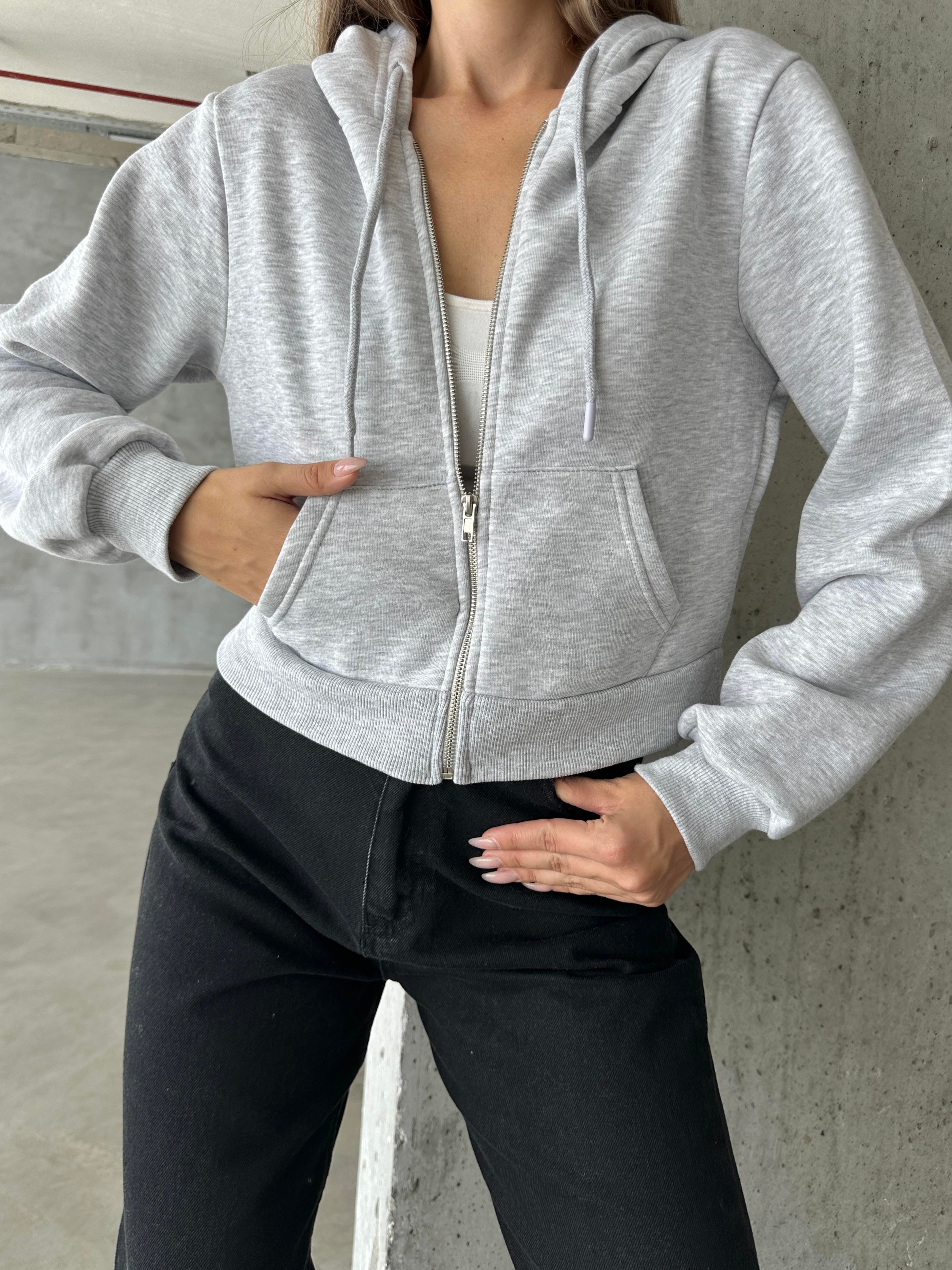 Hone Fermuarlı Kapüşonlu Crop Sweat Hırka Gri