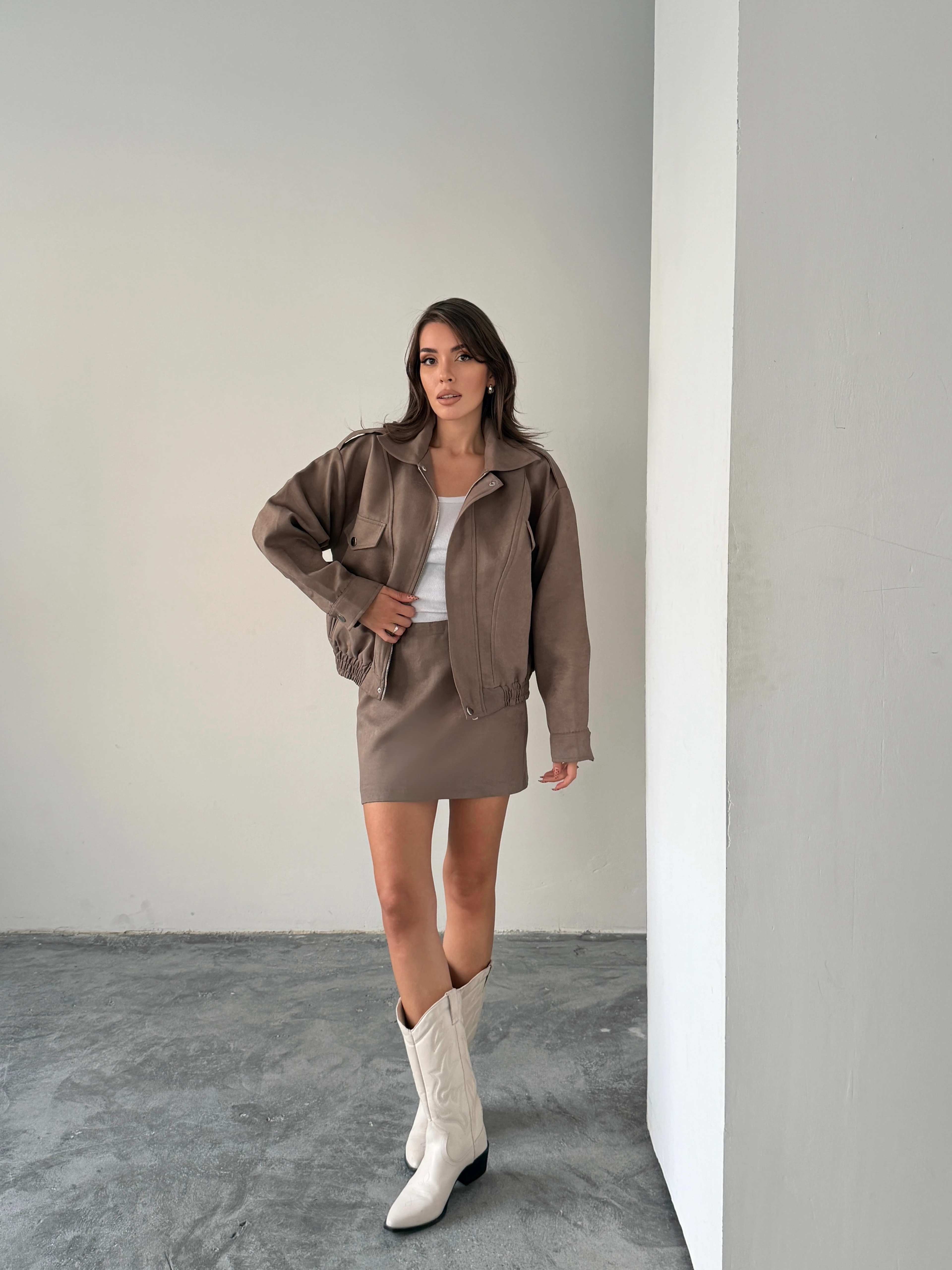 Süet Etek Ceket Takım  - Vizon