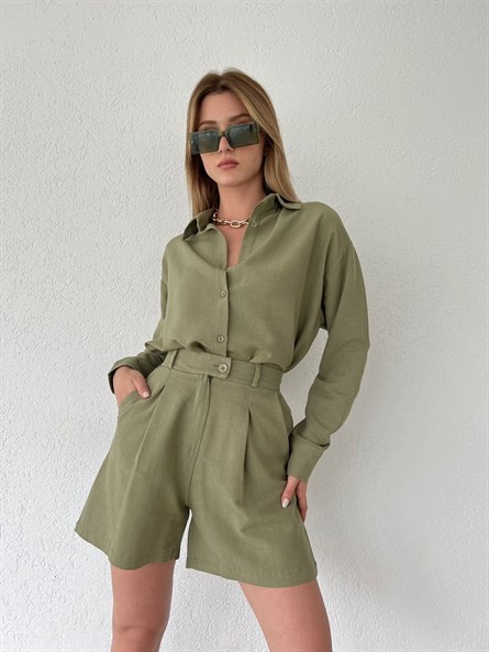 Valeria Oversize Keten Gömlek Haki Yeşil