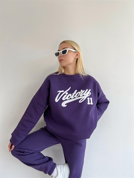 Victory Süzene Nakış Oversize Sweatshirt Mor