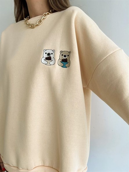 Twin Bear İşleme Oversize Sweatshirt Bej