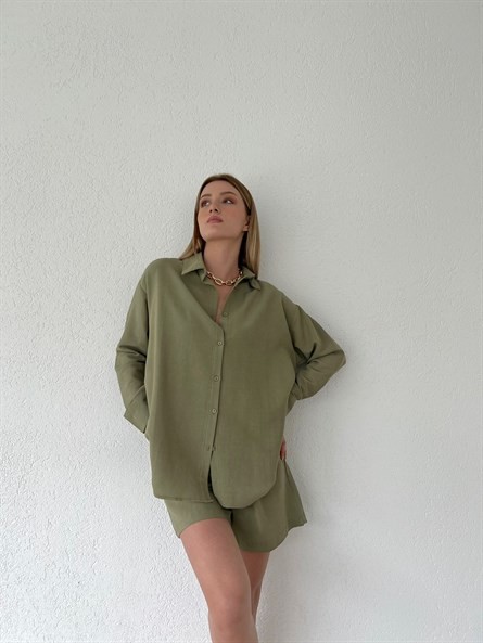 Valeria Oversize Keten Gömlek Haki Yeşil