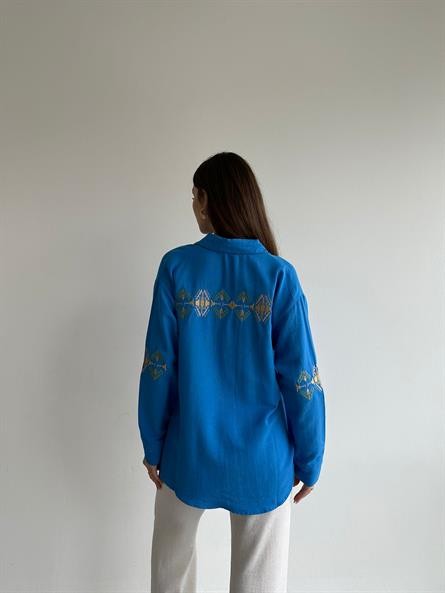 Kol Nakış İşleme Oversize Keten Gömlek Mavi