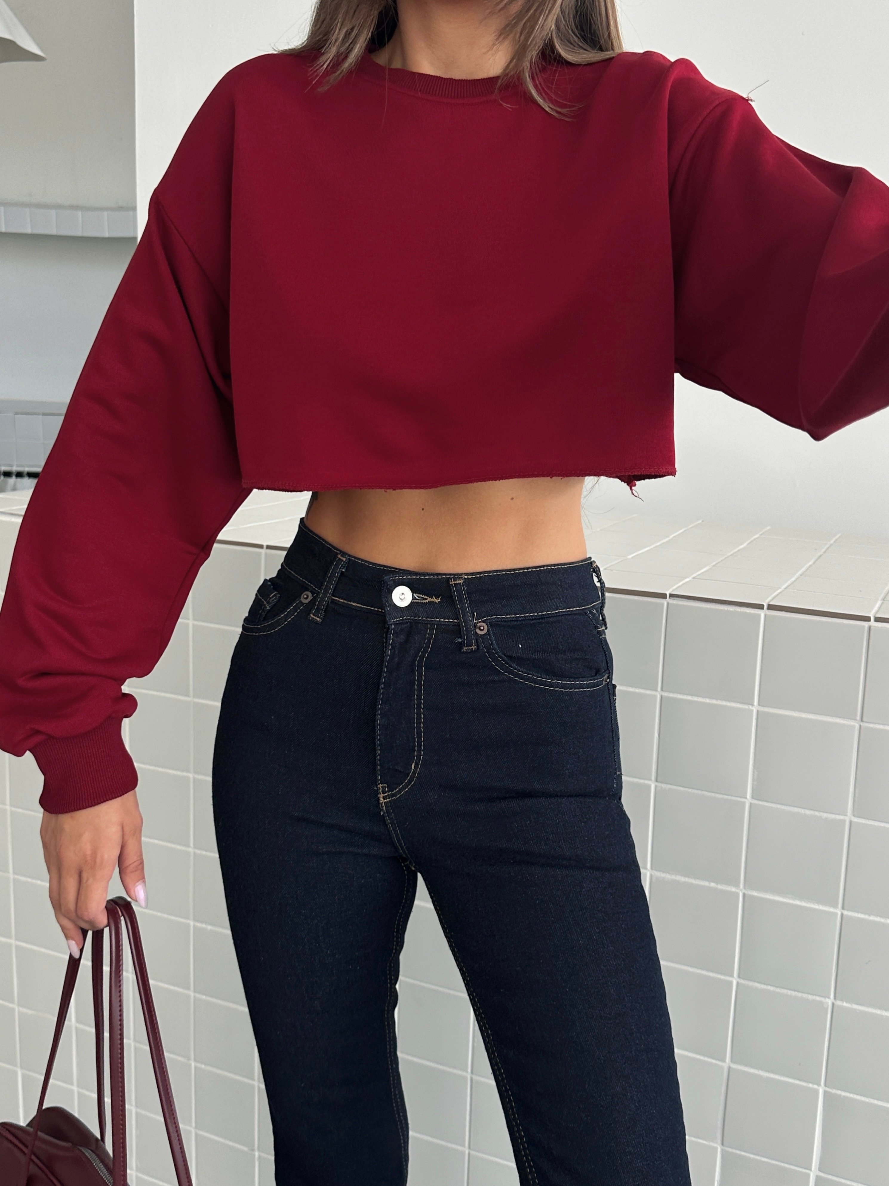 Dikişsiz Crop Sweat - Bordo