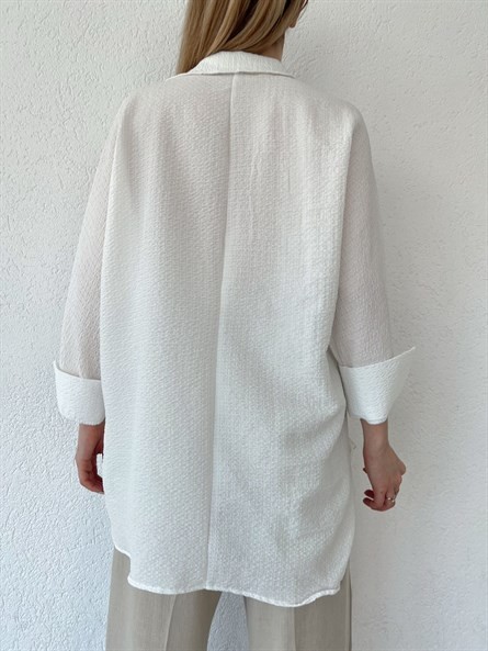 Yarasa Kol Oversize Gofre Gömlek Beyaz