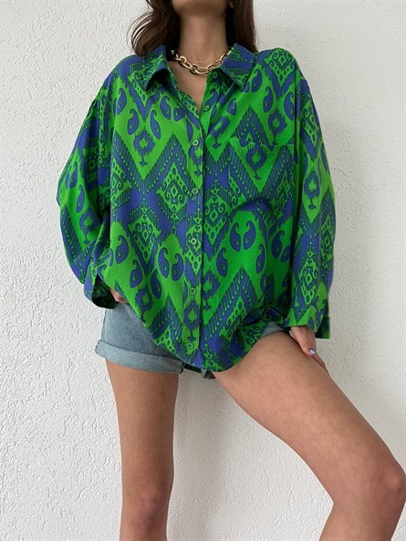 Etnik Desen Pamuklu Oversize Gömlek Yeşil-Mavi