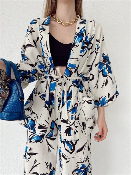 Flora Keten Bağlamalı Kimono Mavi