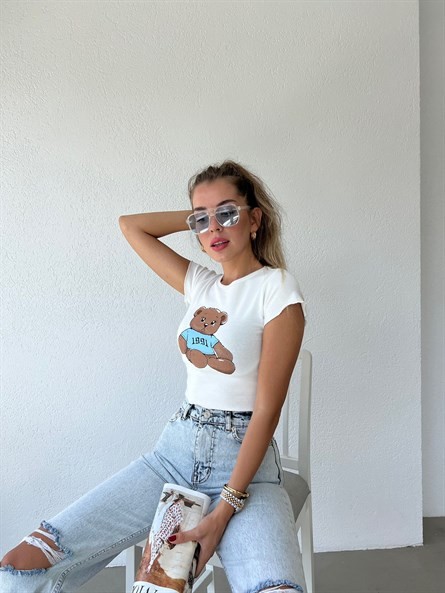 Teddy Kısakol Crop Top Beyaz