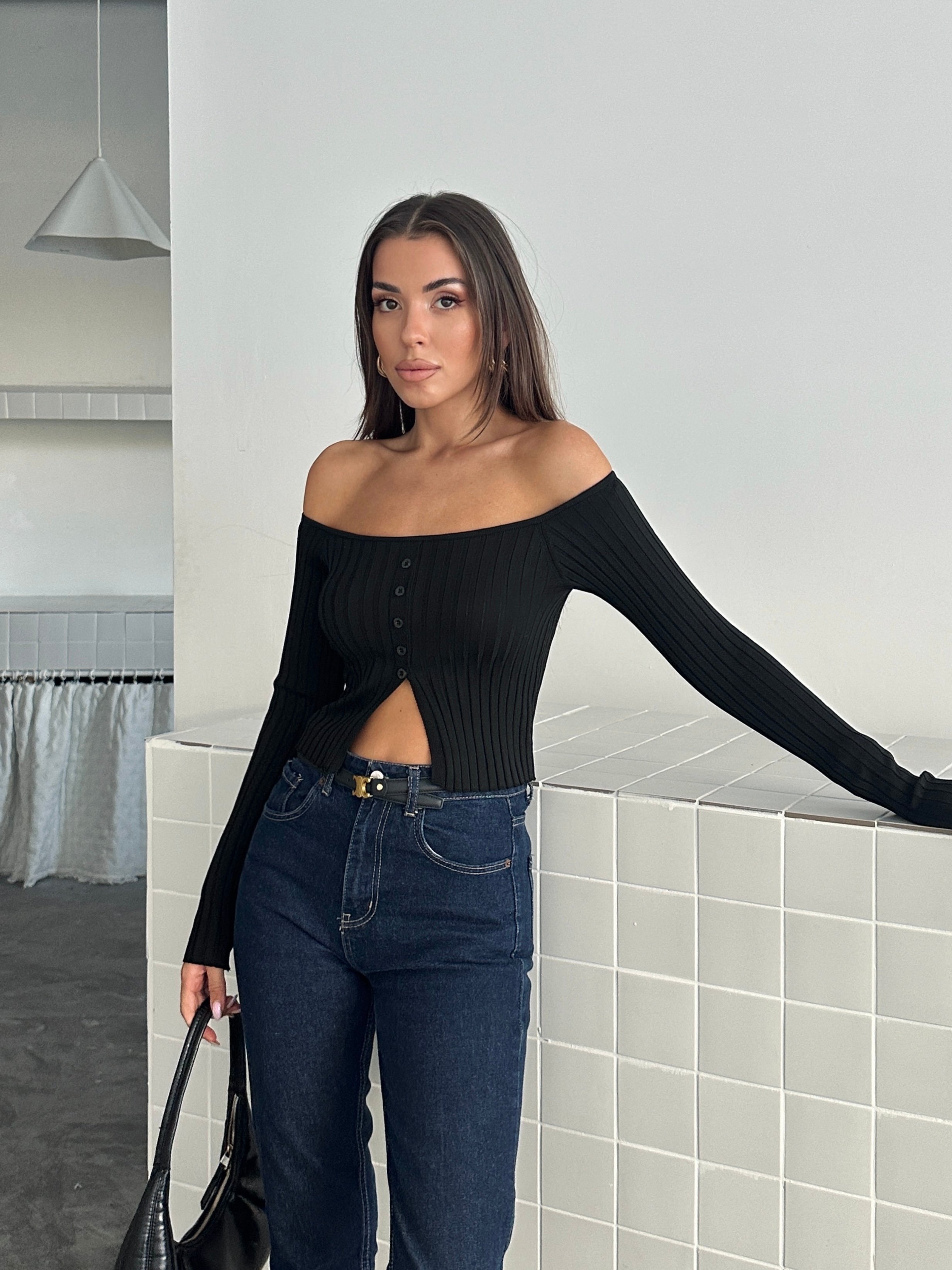 Düğme Detaylı Crop Bluz - Siyah