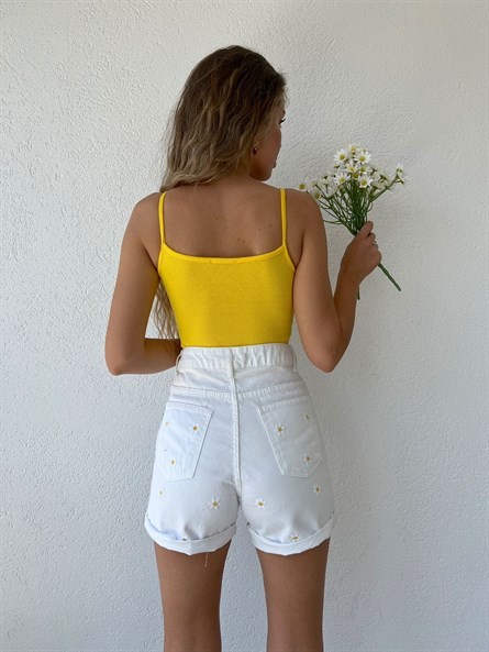 Dantel Detay Askılı Crop Bluz Sarı