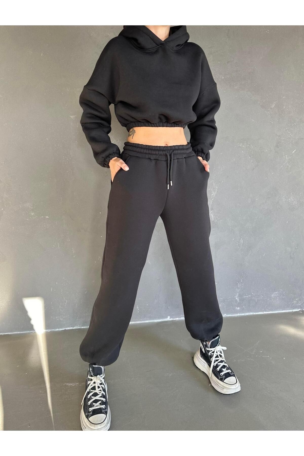 Kapüşonlu Crop Sweat Jogger Eşofman Takım Siyah