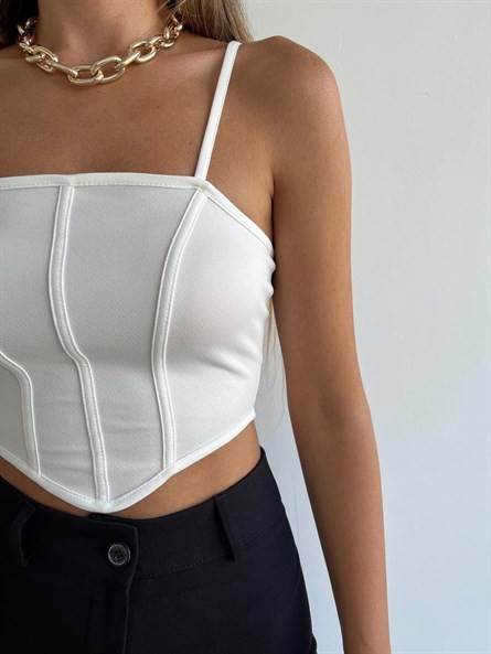 Sırt Fermuar Korse Askılı Crop Beyaz