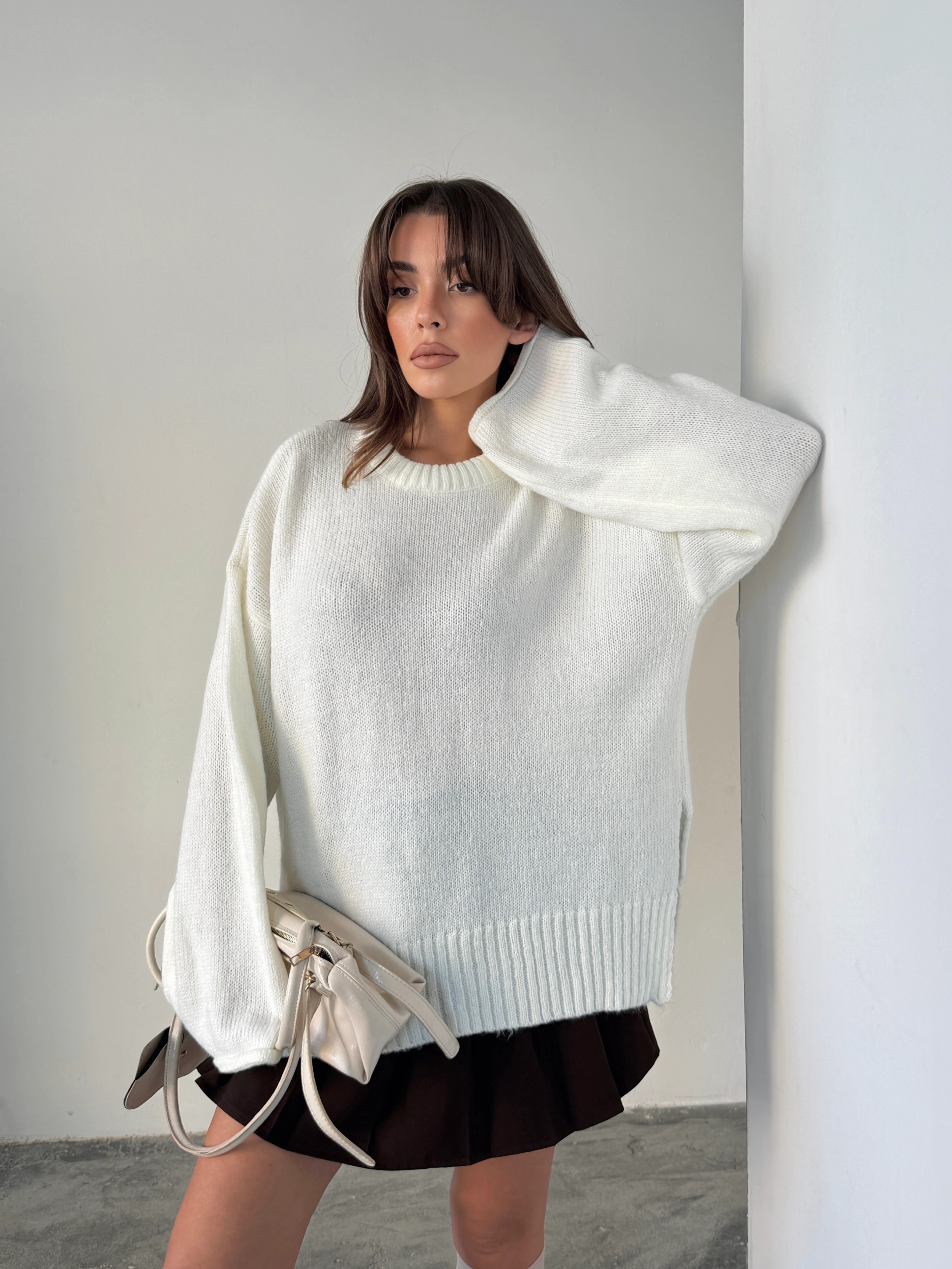 Yırtmaçlı Basic Triko  - Ekru