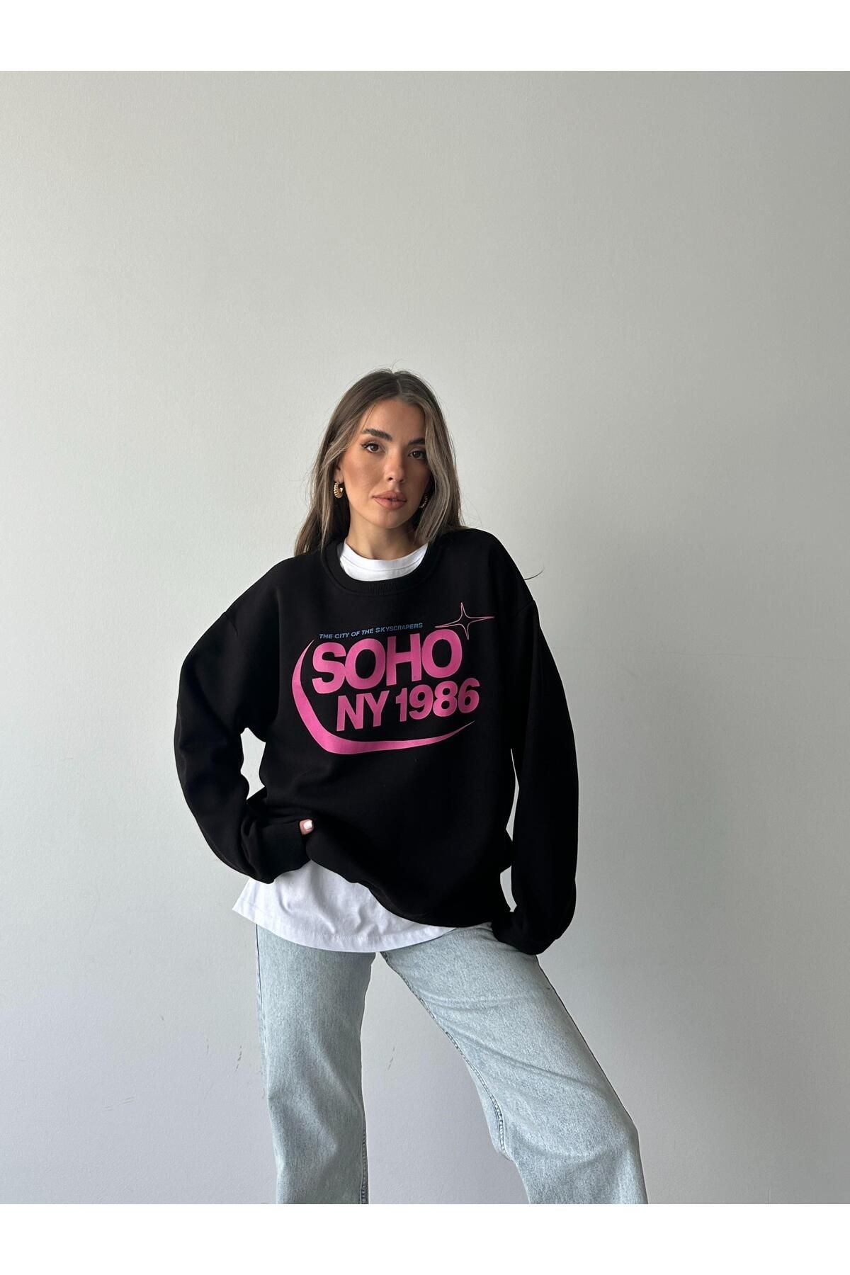 Soho Baskı Bisiklet Yaka Sweat Siyah