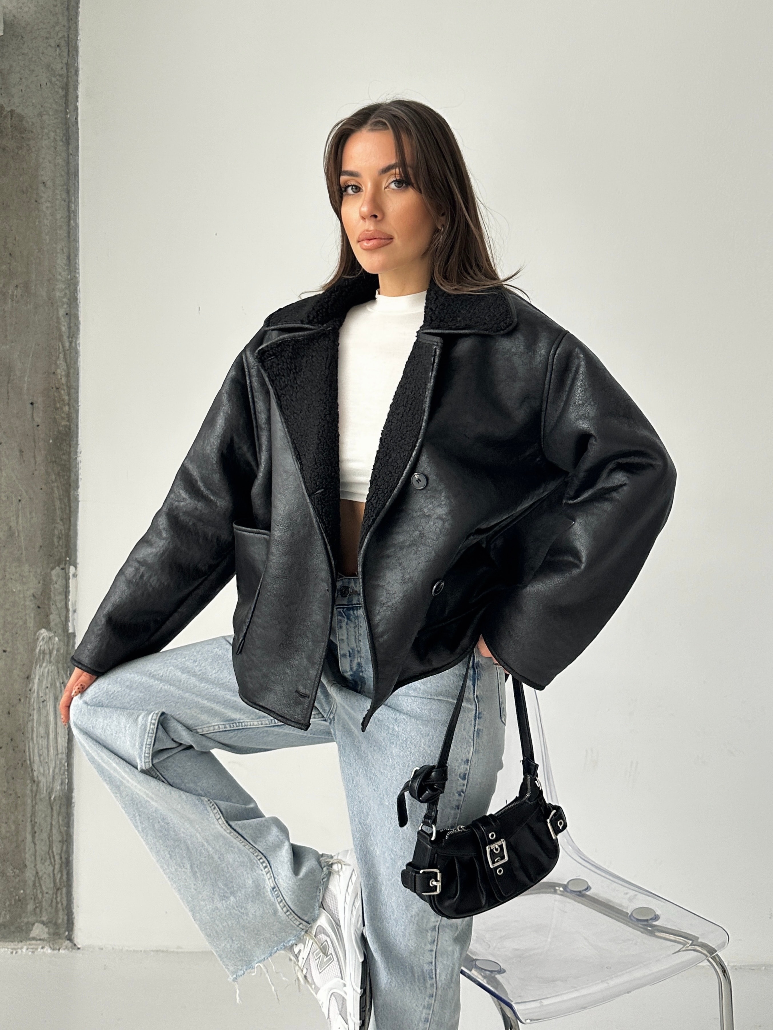 İçi Kürklü Oversize Mont - Black