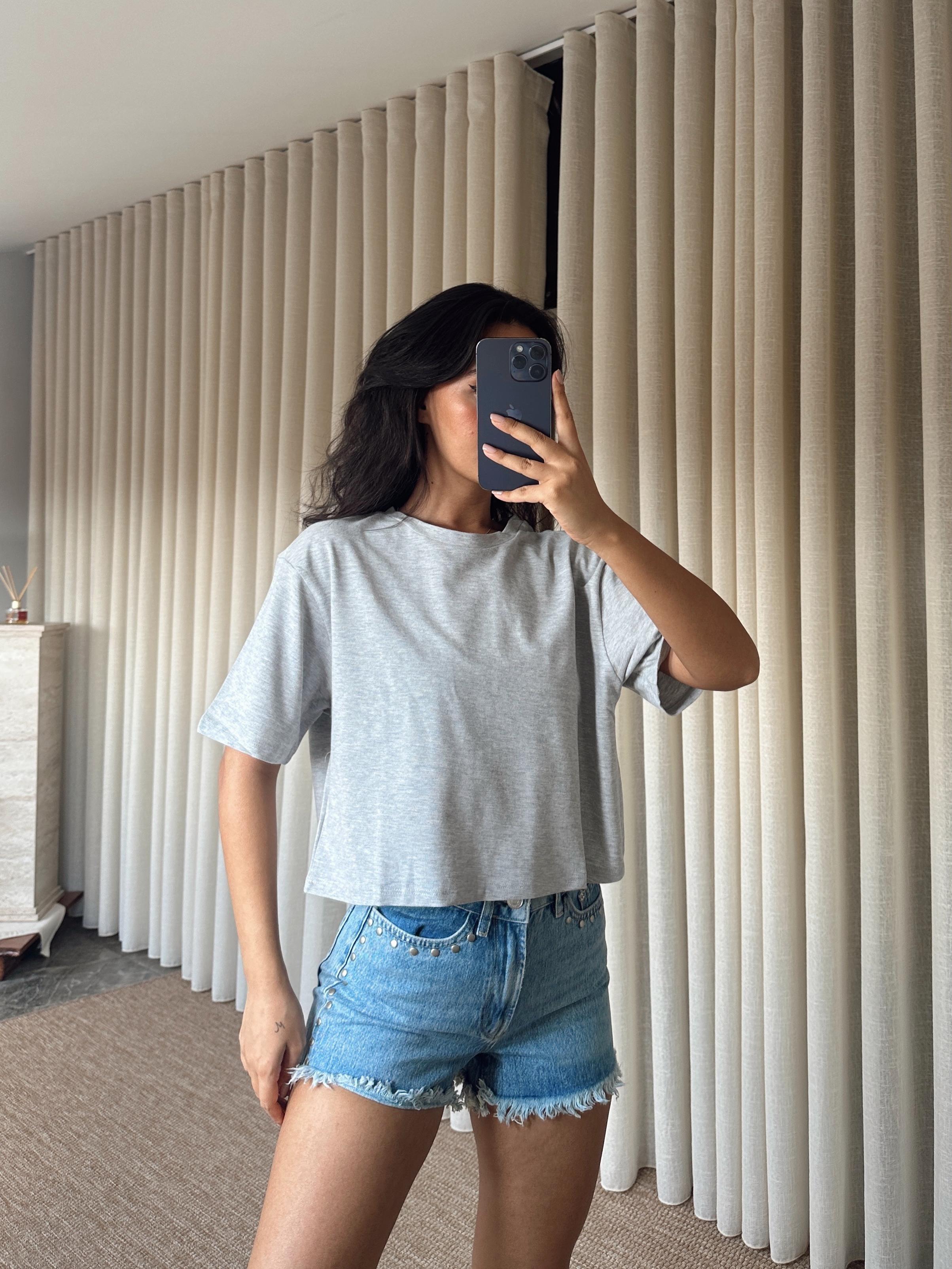 Düz Kısa Kol Crop Basic - Gri