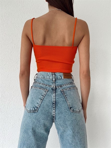 Kare Yaka İnce Askı Triko Bluz Turuncu