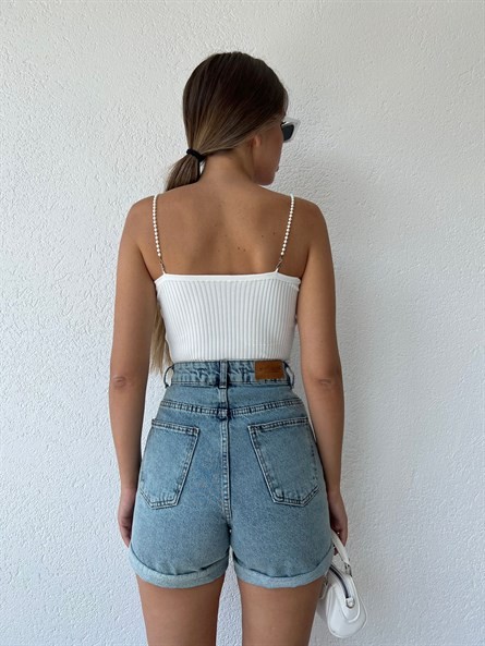 İnci Askı Triko Crop Beyaz