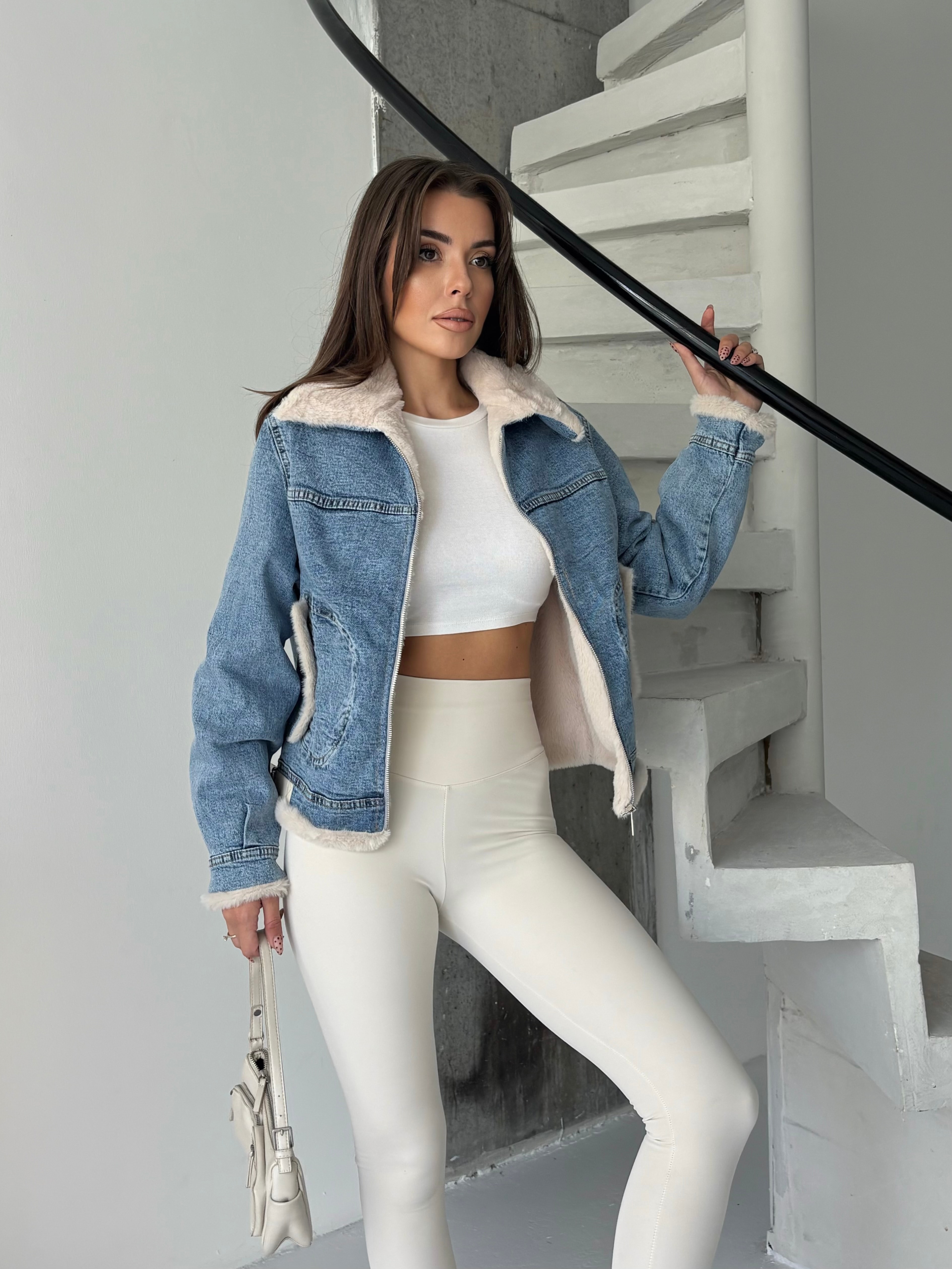 Yakası Peluş Denim Ceket - Mavi