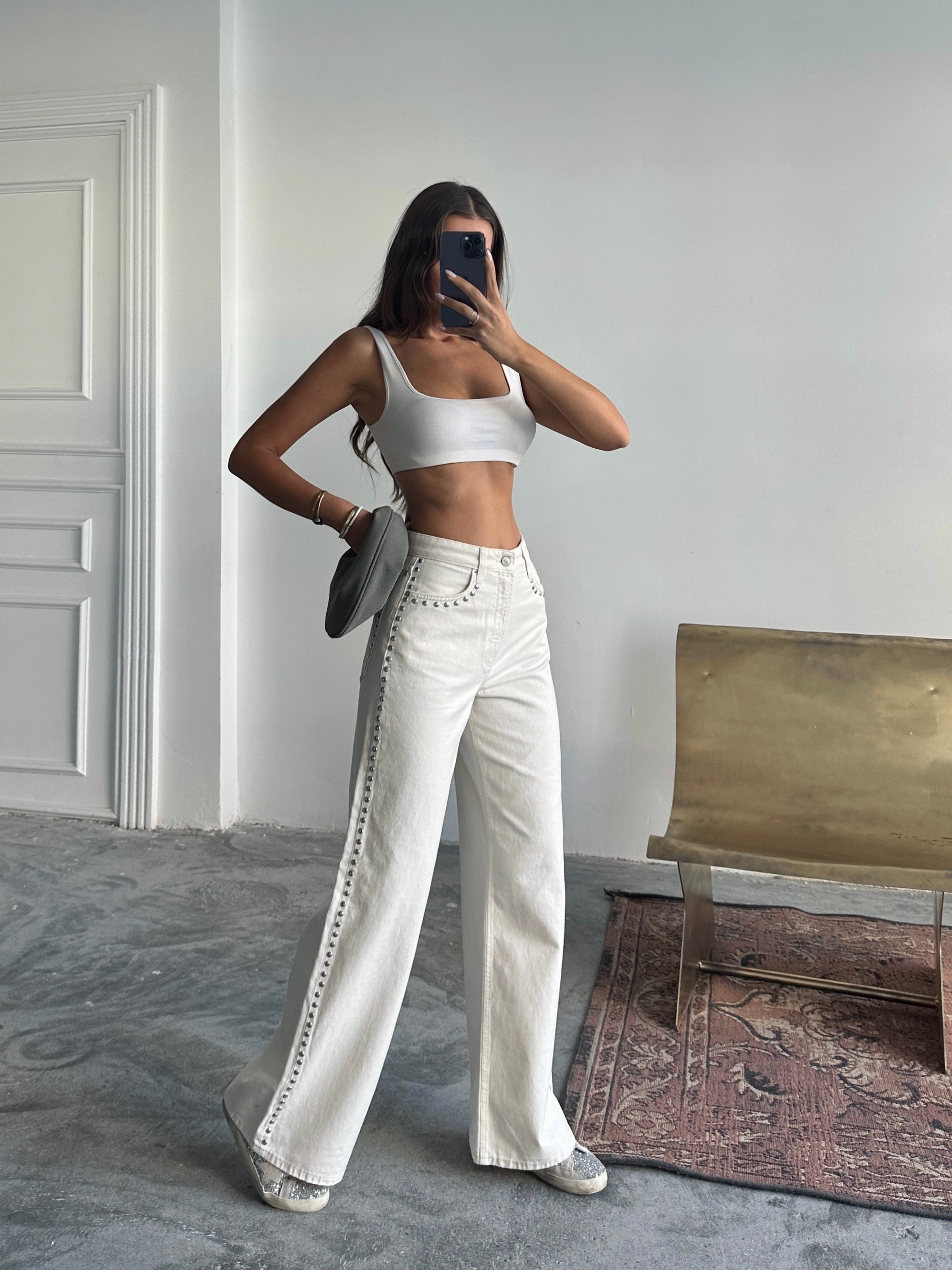Zımba Detaylı Denim Palazzo  - Taş