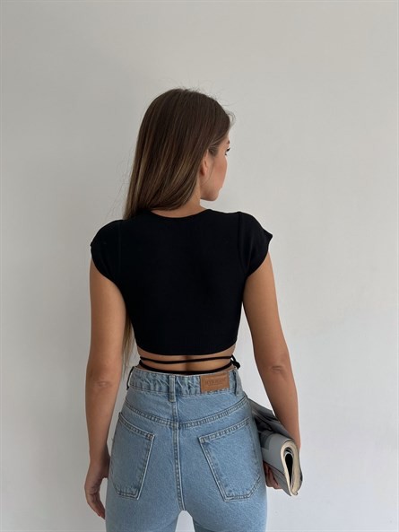 Bel İp Detay Büzgülü Crop Siyah