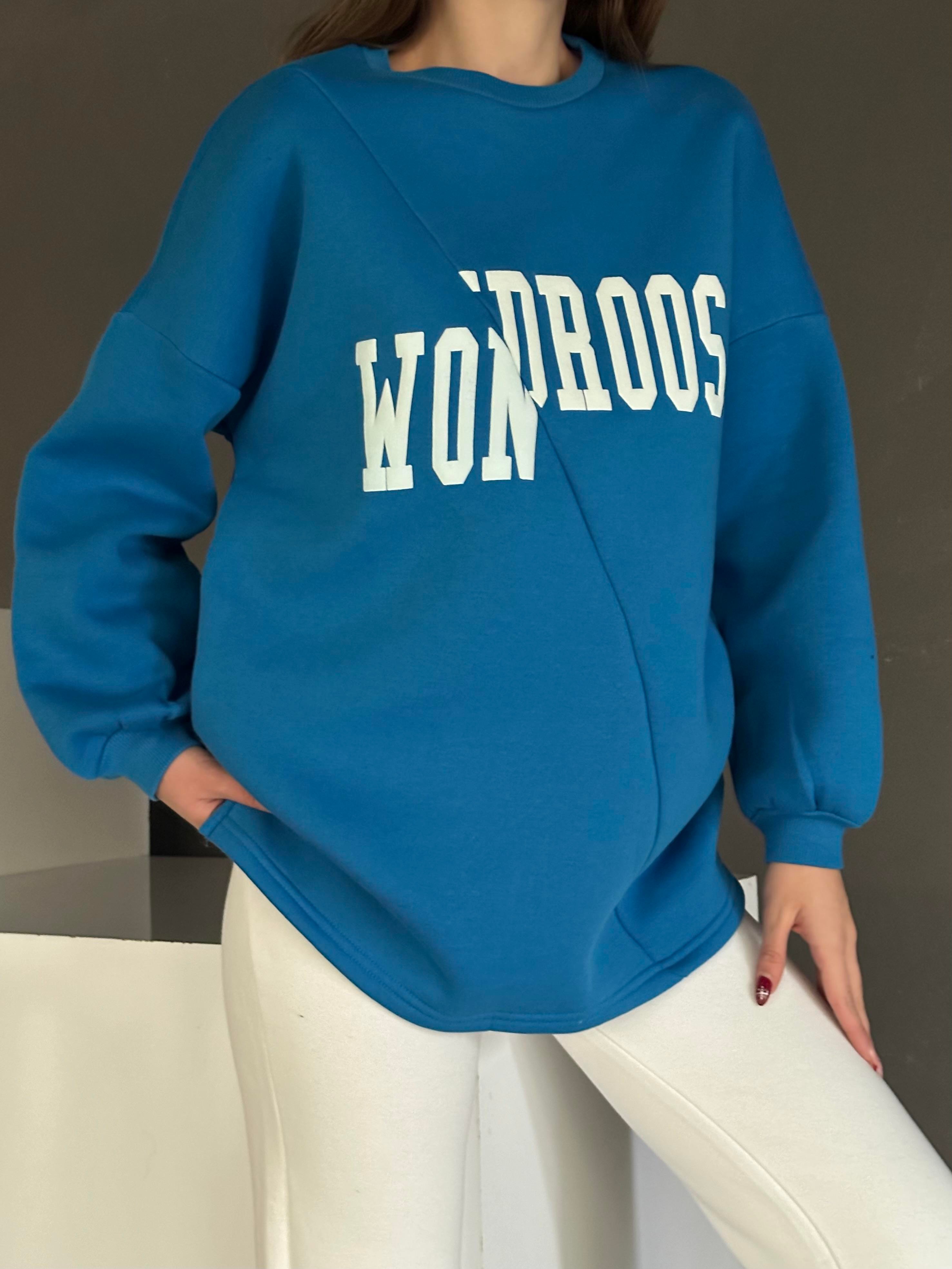 Wondroos Yan Yırtmaç Oversize Sweatshirt Mavi