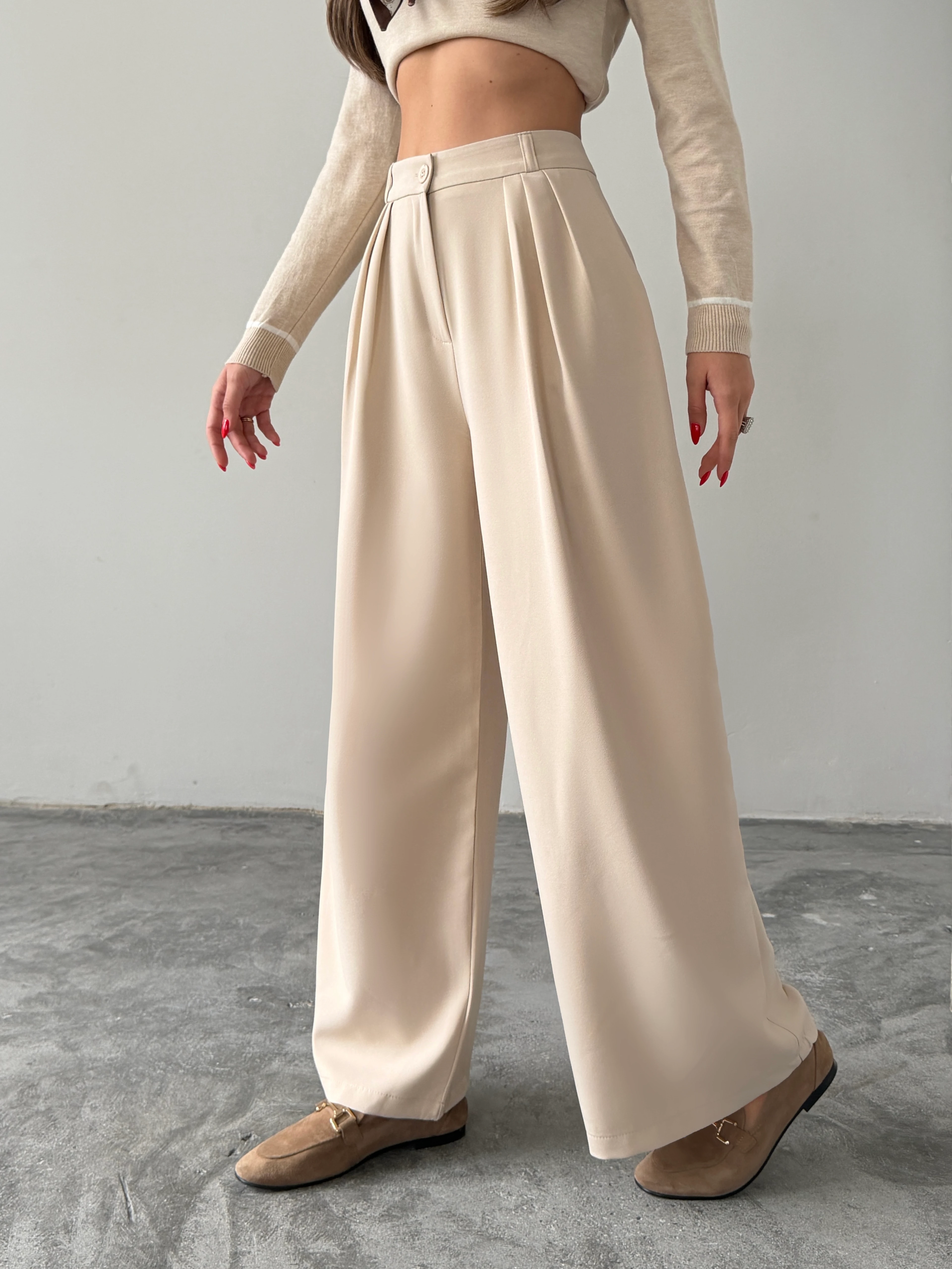 Üç Pile Palazzo Pantolon - Taş