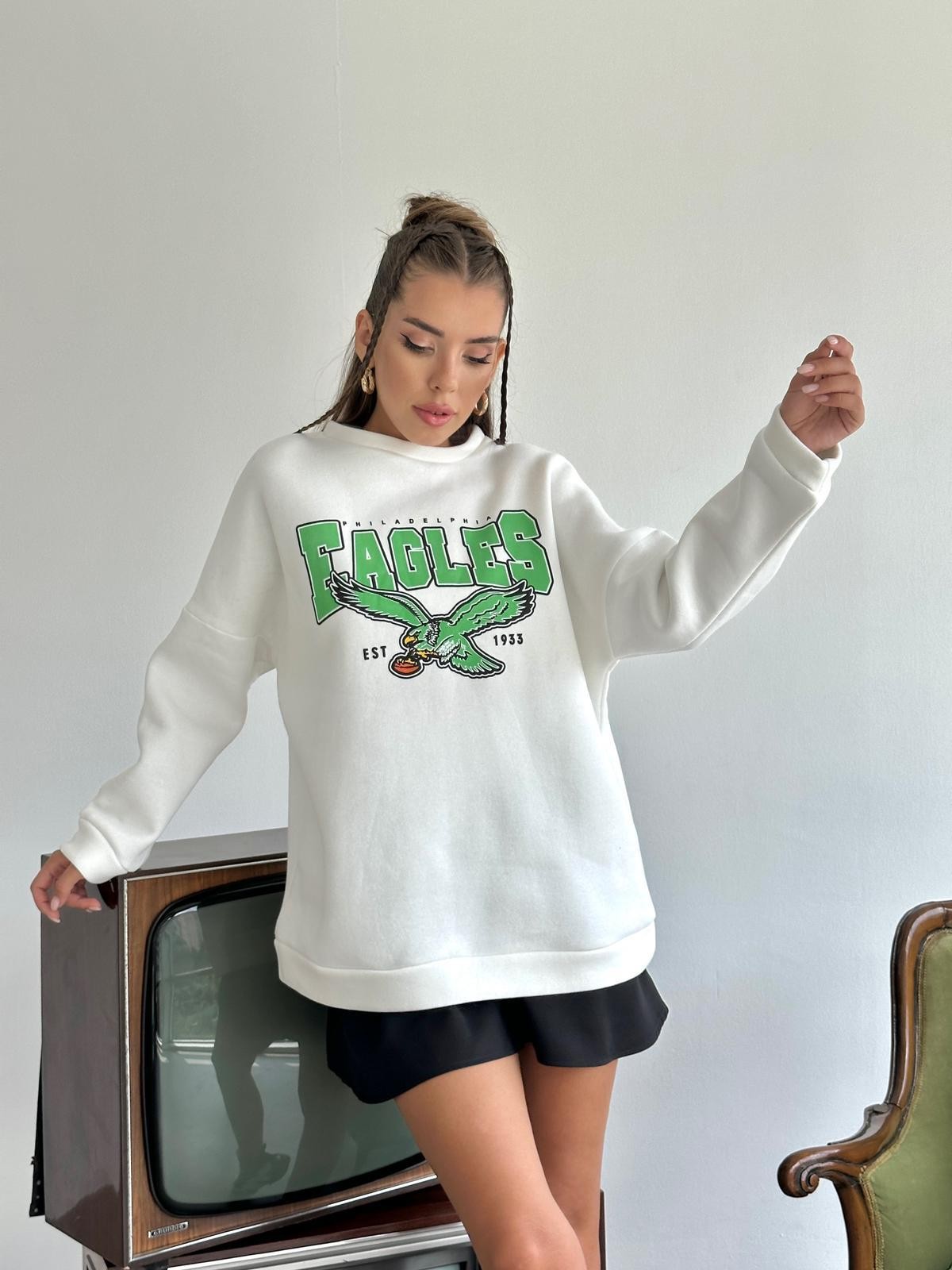 Eagles Üç İplik Oversize Sweat Beyaz