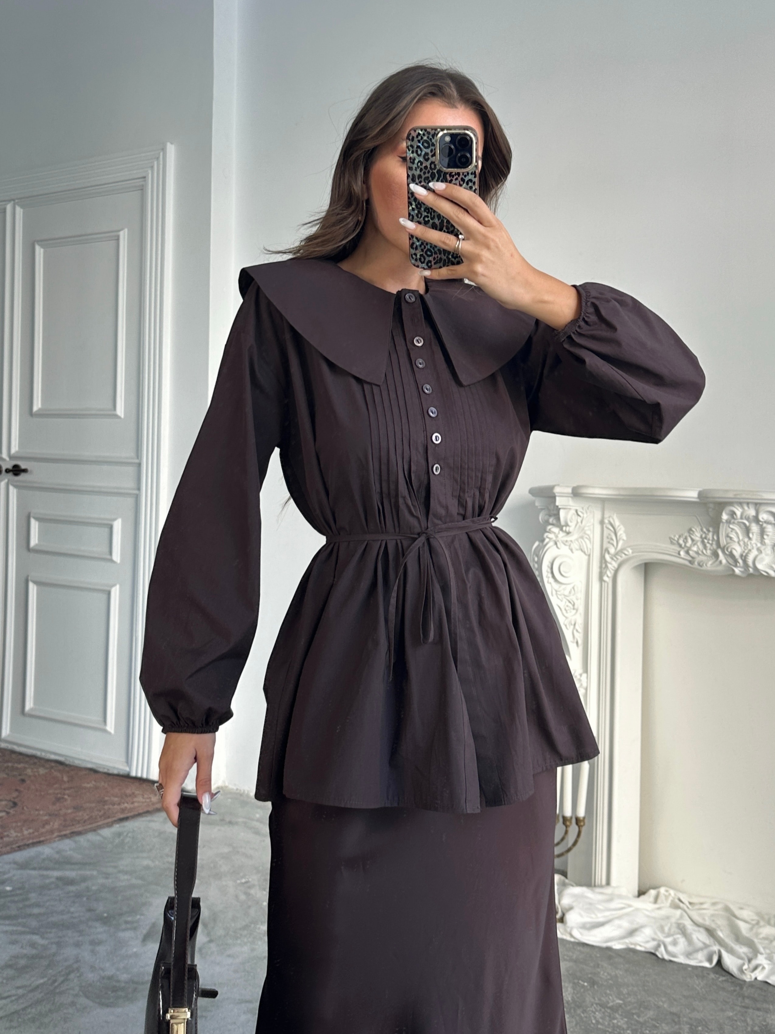 Geniş Yaka Poplin Gömlek - Kahve