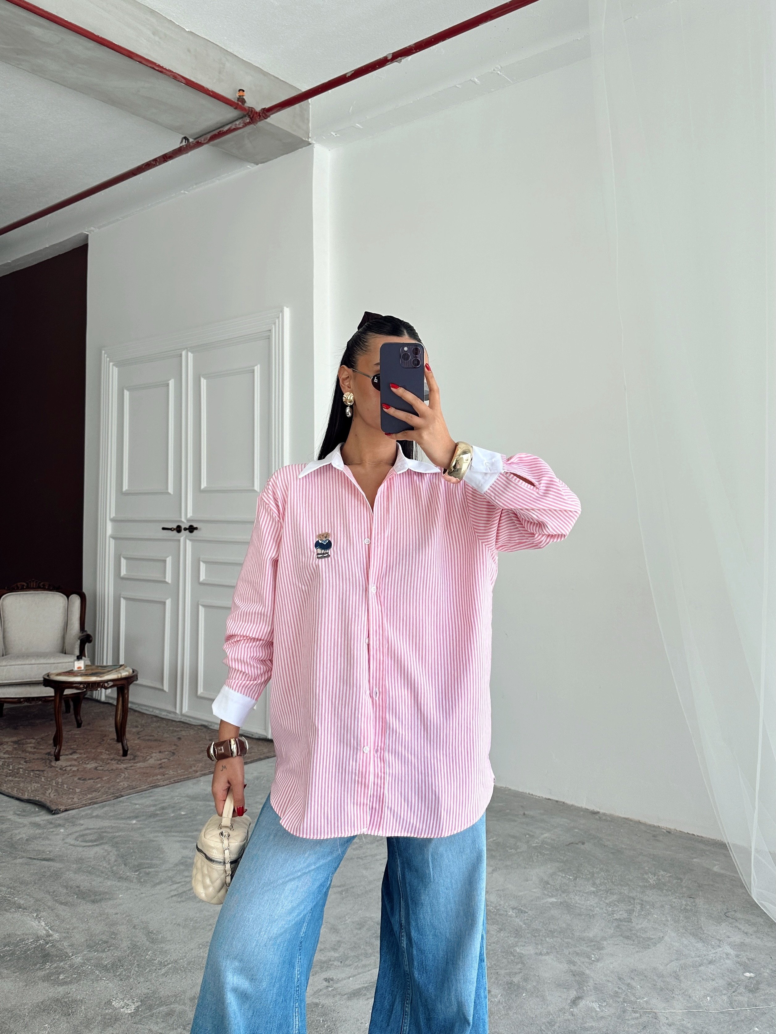 Çizgili Ayıcıklı Gömlek - Pembe