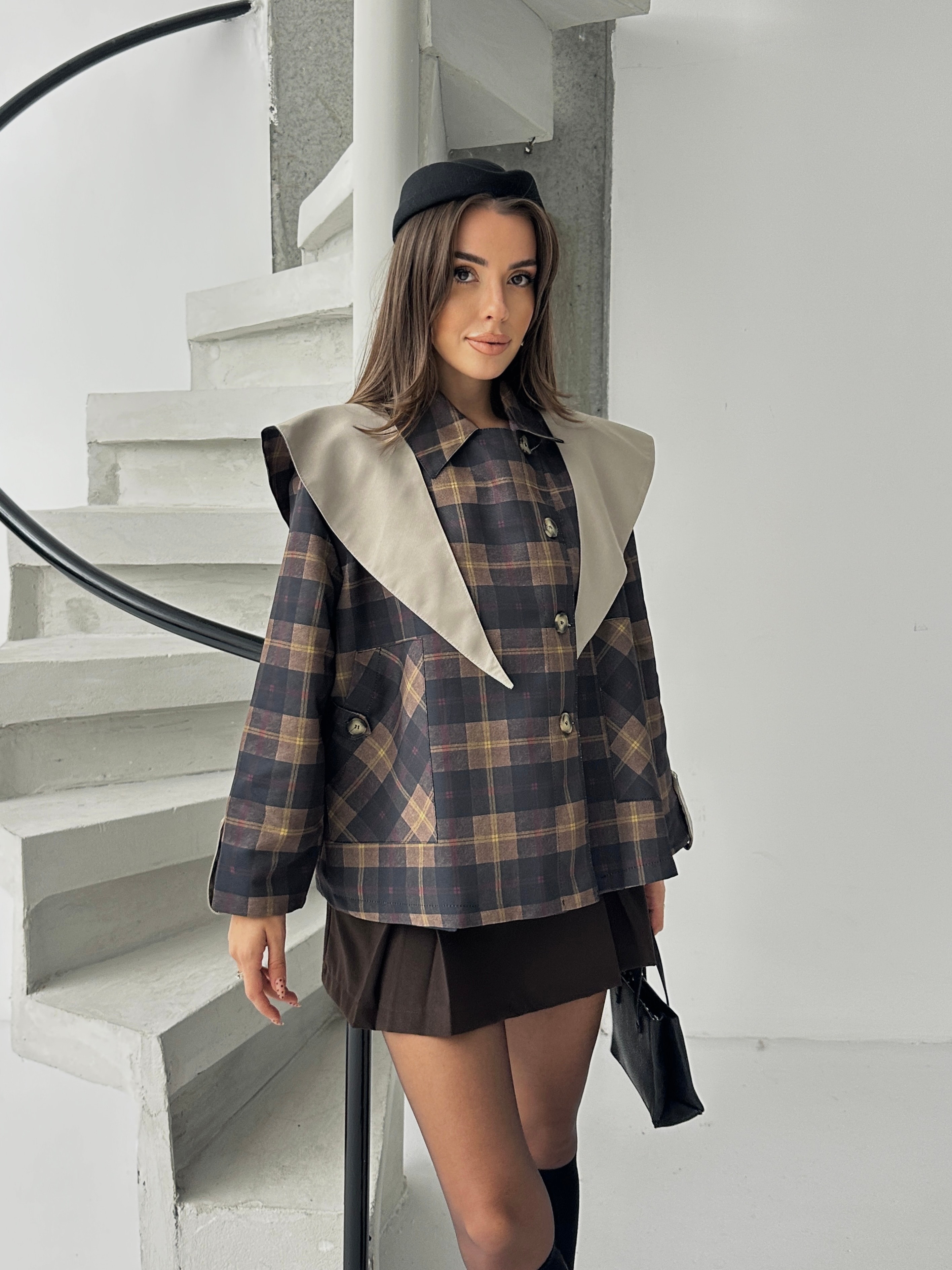 Pelerin Detay Kareli Ceket - lacivert-bej