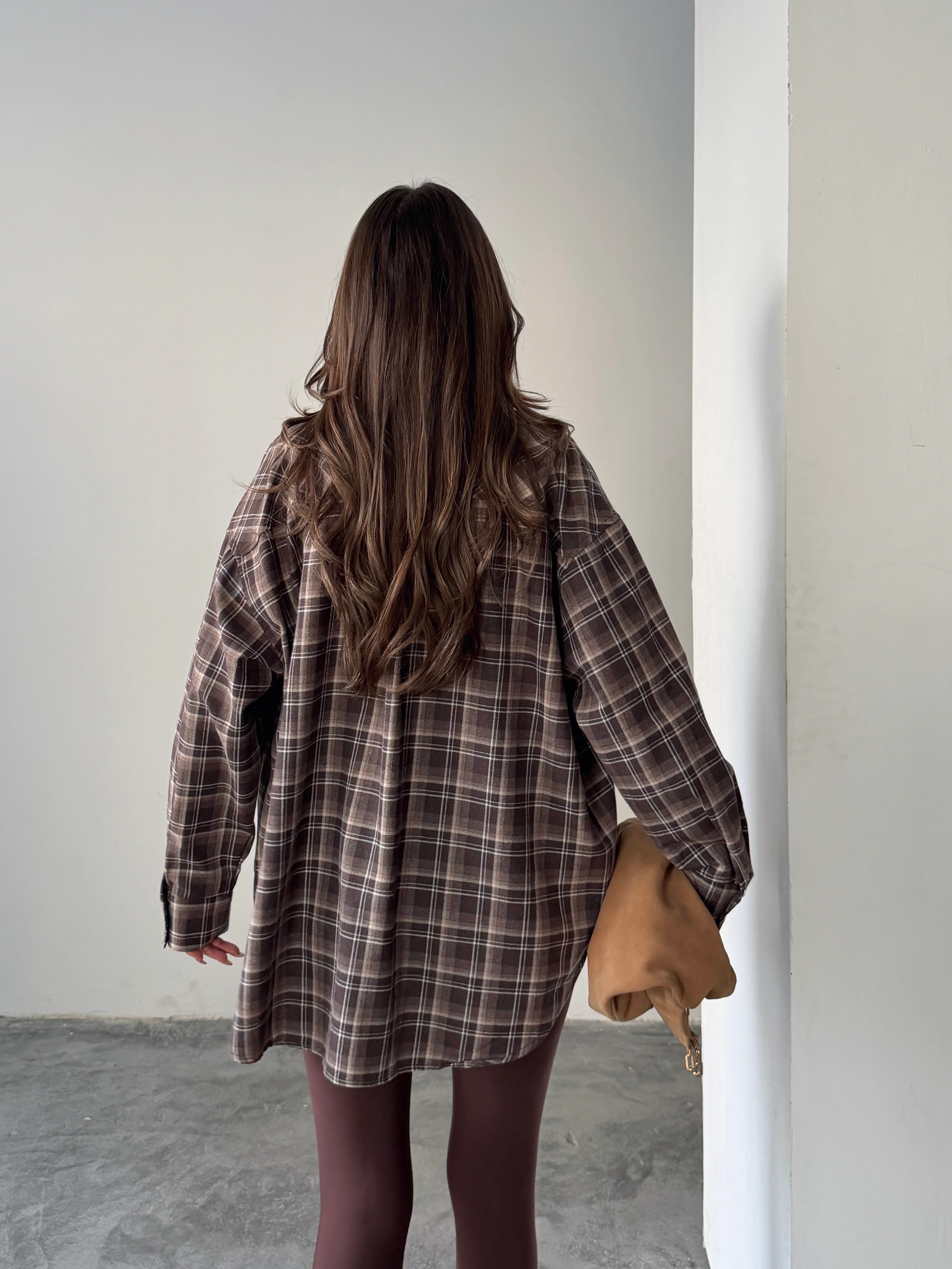 Kareli Oversize Gömlek - Kahve