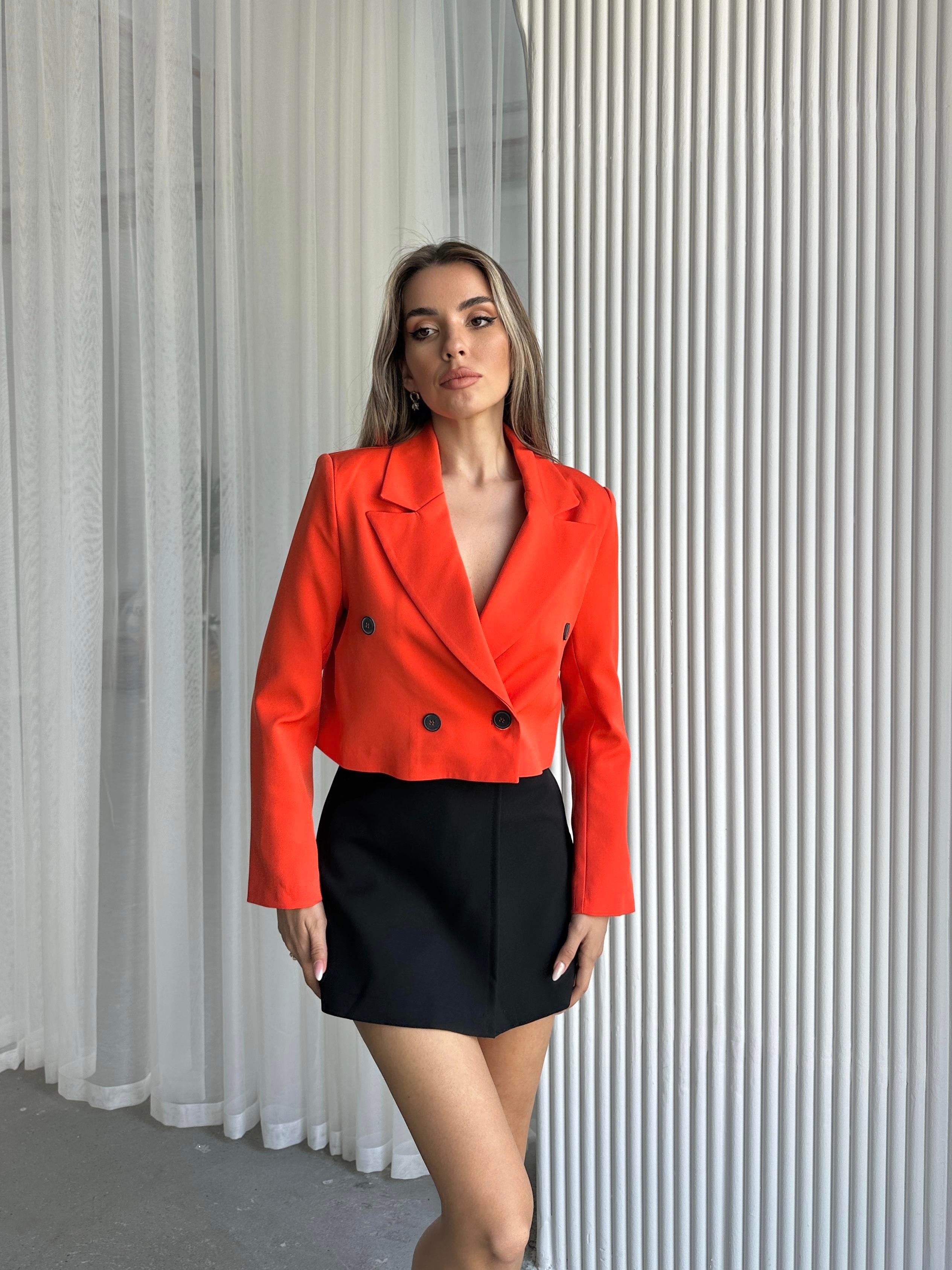 Düğmeli Kruvaze Crop Blazer Ceket Turuncu